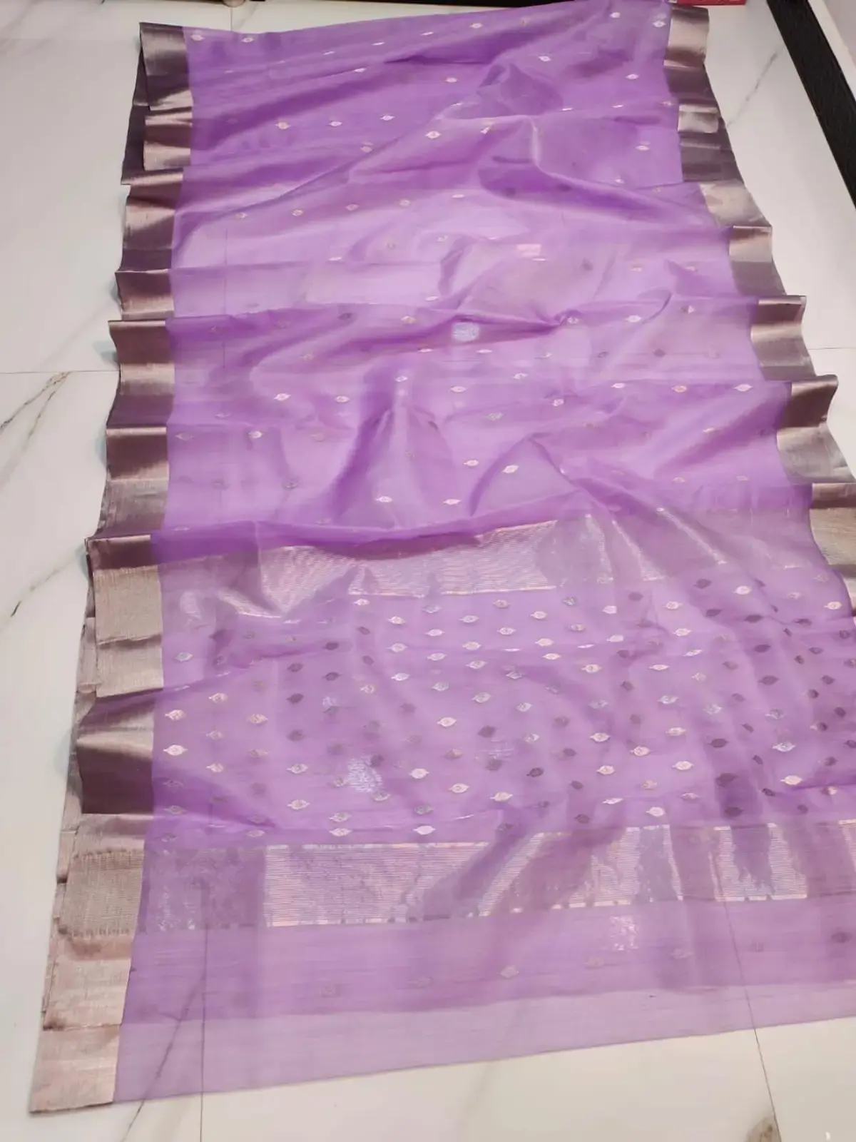 Handwoven Purple Lavender Mist with Sterling Zari Pave Motifs Kataan Silk - Authentic Chanderi Silk Saree Chanderi Saree - View 1