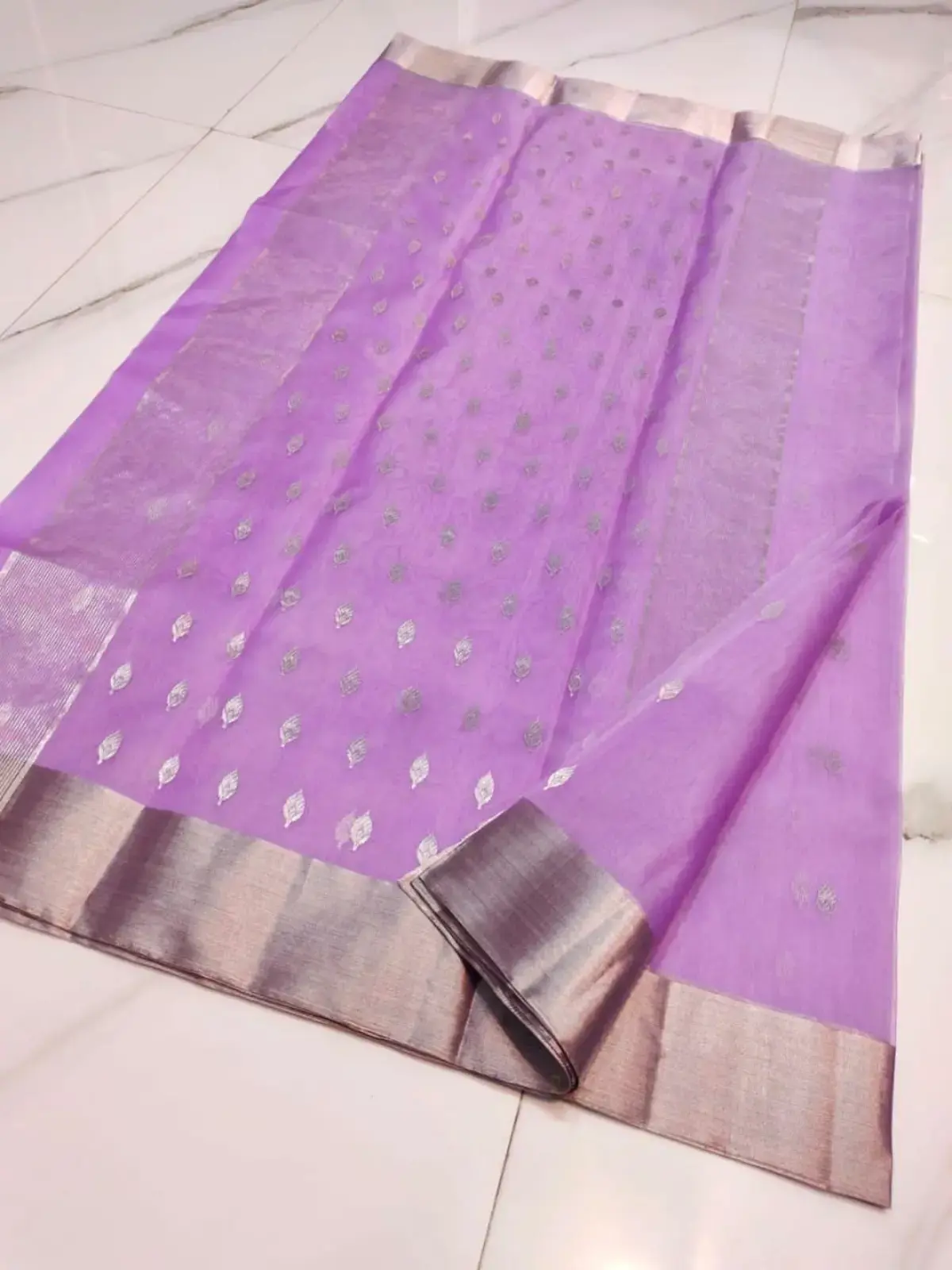 Handwoven Purple Lavender Mist with Sterling Zari Pave Motifs Kataan Silk - Authentic Chanderi Silk Saree Chanderi Saree - View 3