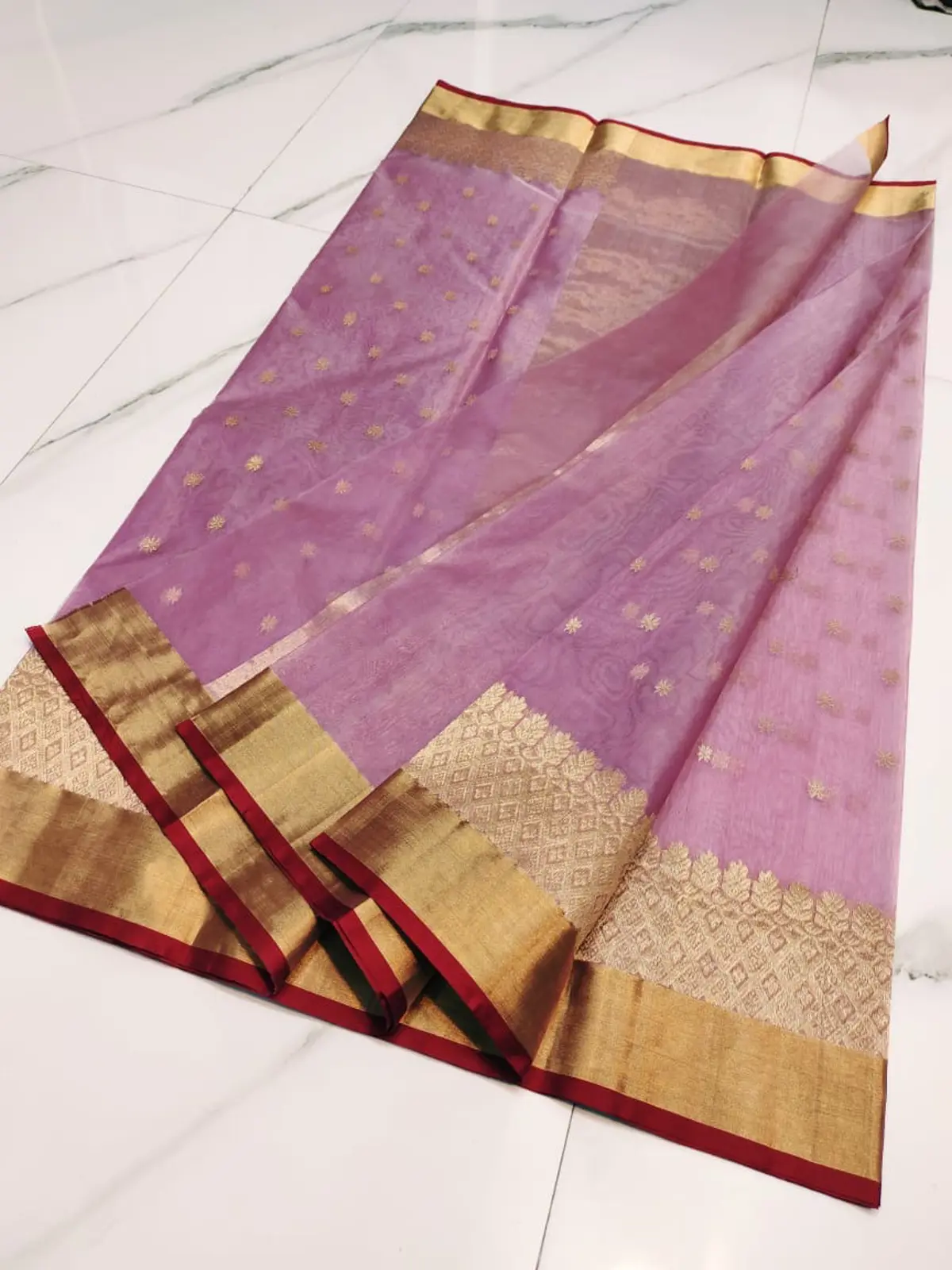 Handwoven Lilac Purple Lilac Purple Kataan Silk Saree - Authentic Chanderi Silk Saree Chanderi Saree - View 3