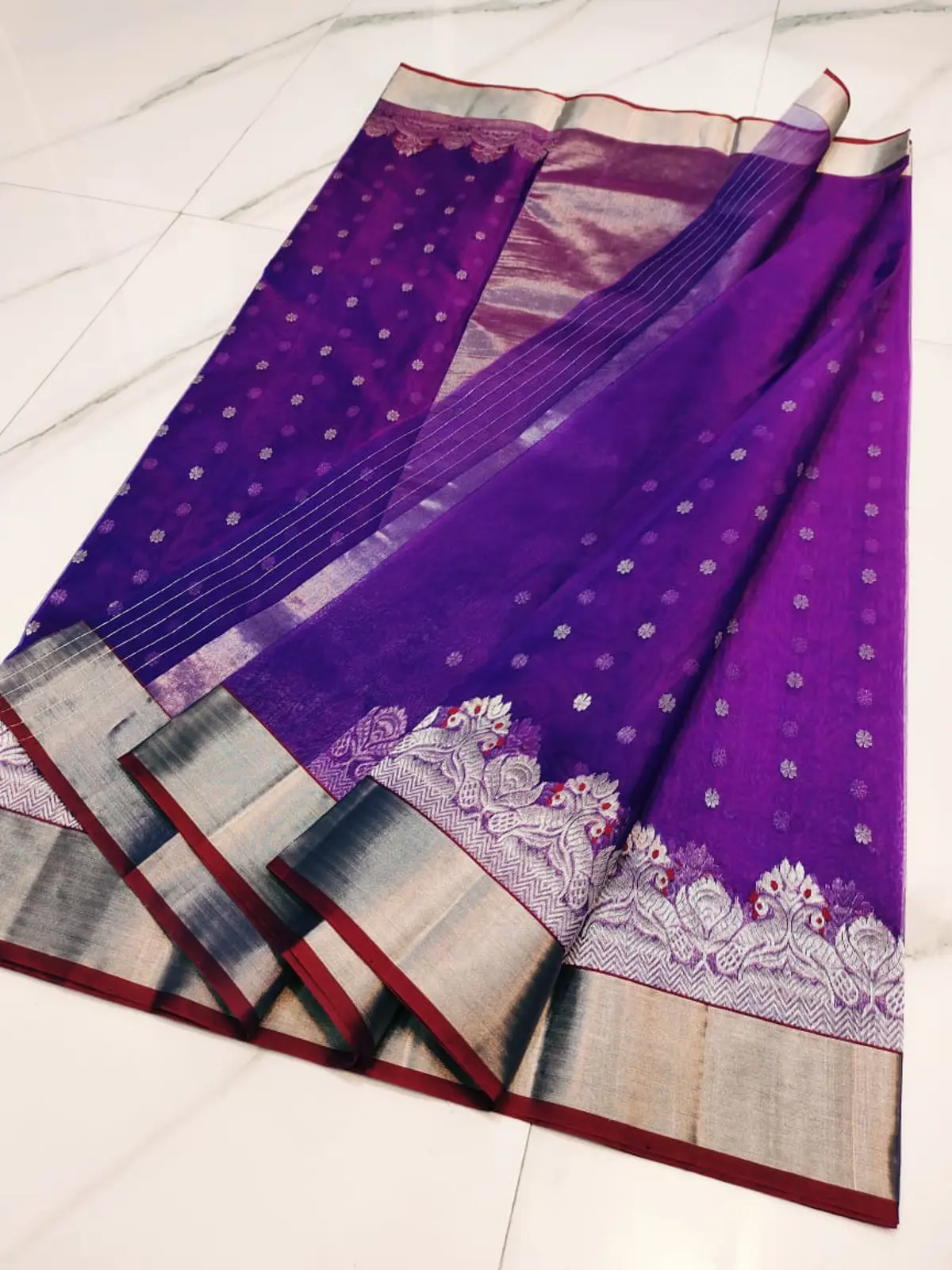 Handwoven Luminous Amethyst & Sterling Silver Zari Luminous Amethyst & Sterling Silver Zari Kataan Silk Saree - Authentic Chanderi Silk Saree Chanderi Saree - View 3