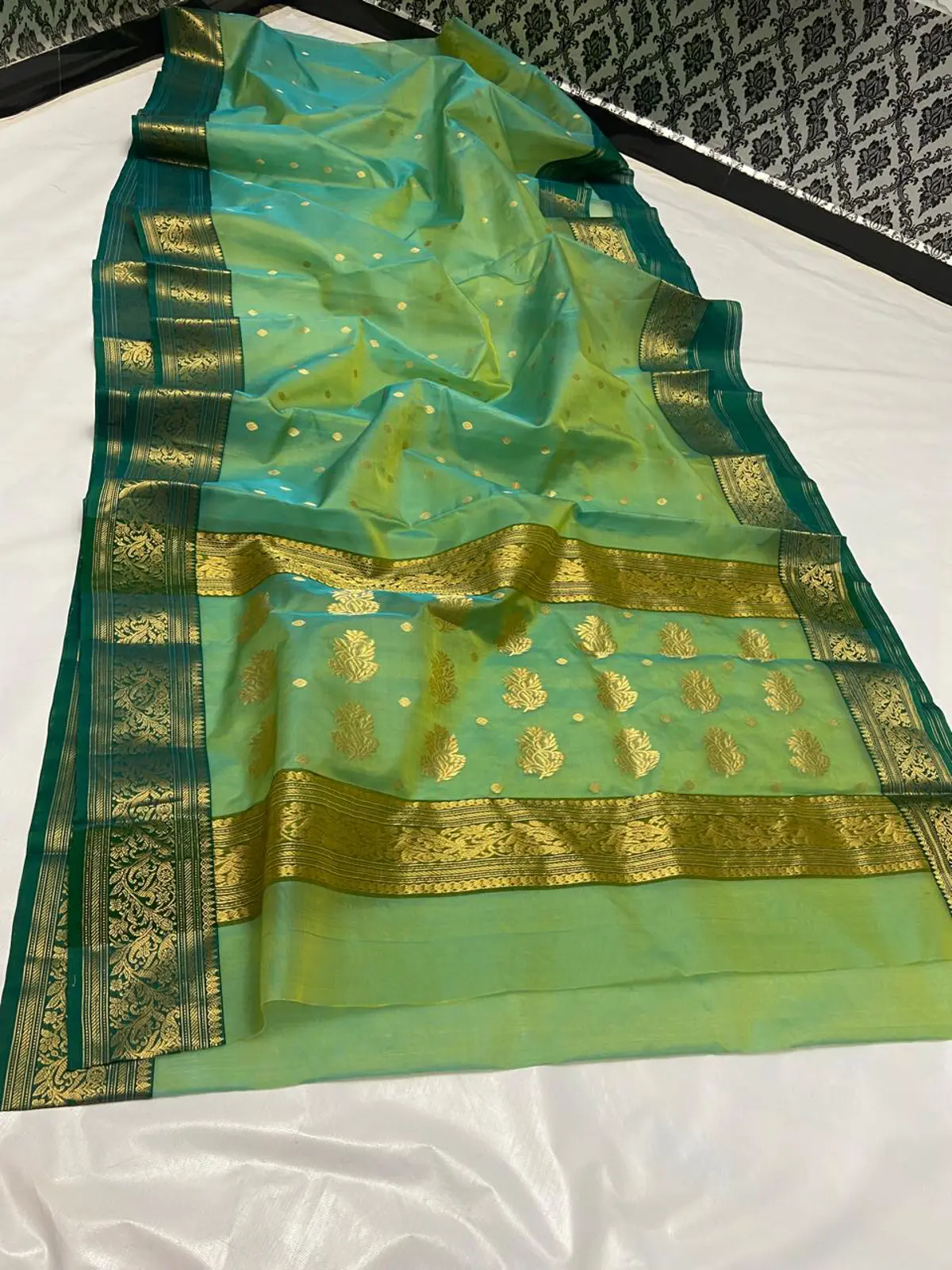 Handwoven Luminous Aqua-Lime Ombre with Deep Emerald Green Accents Luminous Aqua-Lime Ombre with Deep Emerald Green Accents Kataan Silk Saree - Authentic Chanderi Silk Saree Chanderi Saree - View 1