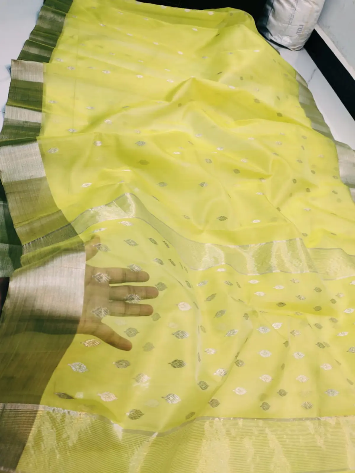 Handwoven Luminous Chartreuse & Silver Luminous Chartreuse with Silver Leaf Motifs and Striped Border Kataan Silk - Authentic Chanderi Silk Saree Chanderi Saree - View 1