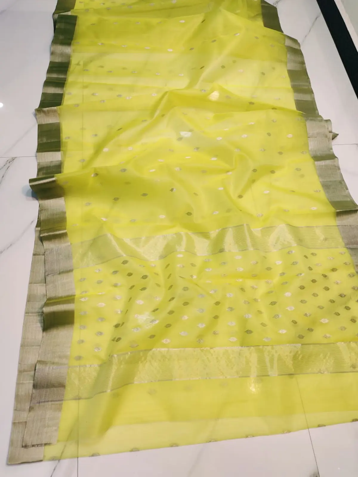 Handwoven Luminous Chartreuse & Silver Luminous Chartreuse with Silver Leaf Motifs and Striped Border Kataan Silk - Authentic Chanderi Silk Saree Chanderi Saree - View 2