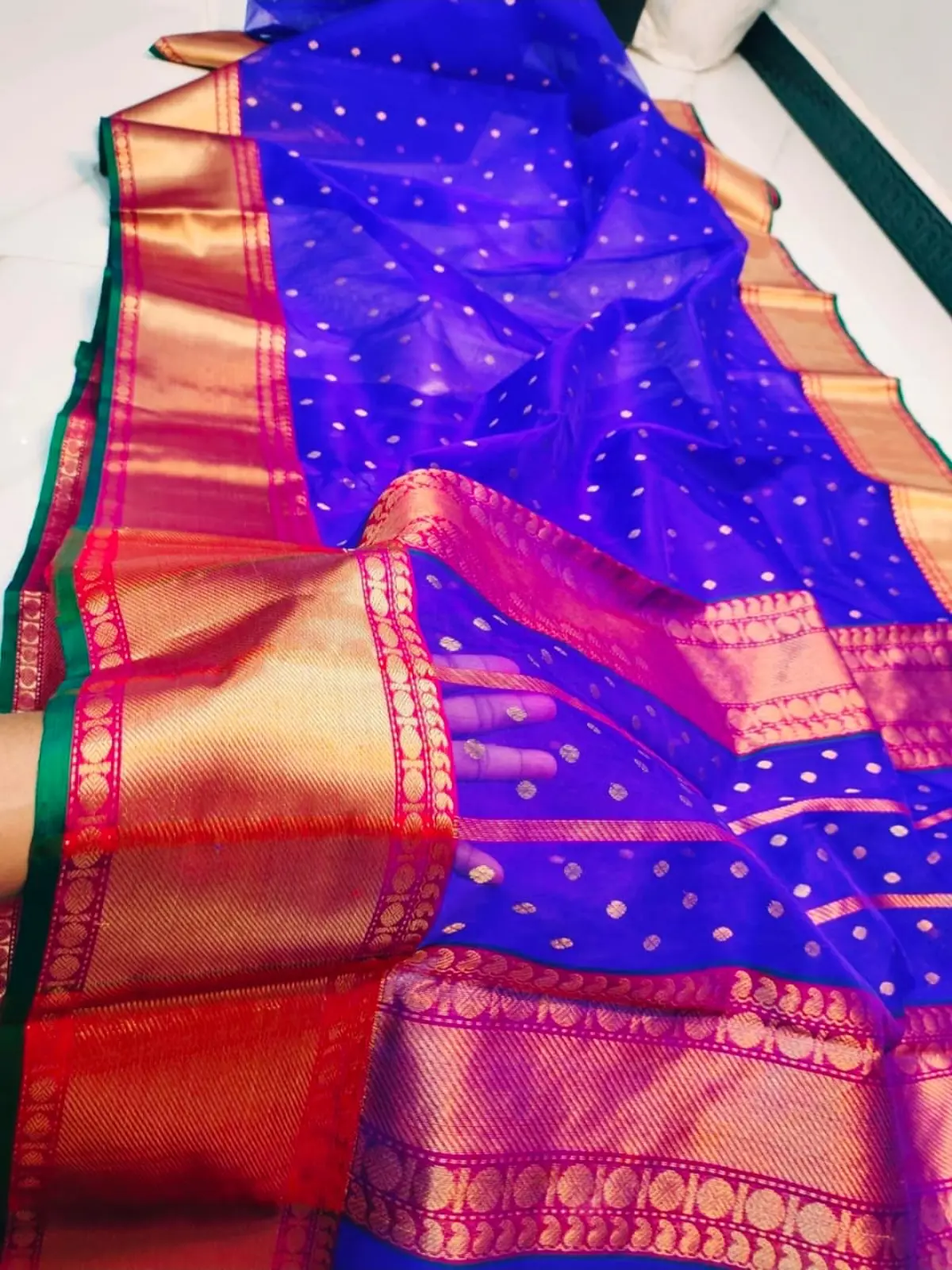Majestic Cobalt with Antique Gold Zari Bootis and Rani Pink Border Kataan Silk