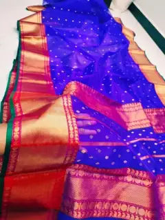 Majestic Cobalt with Antique Gold Zari Bootis and Rani Pink Border Kataan Silk