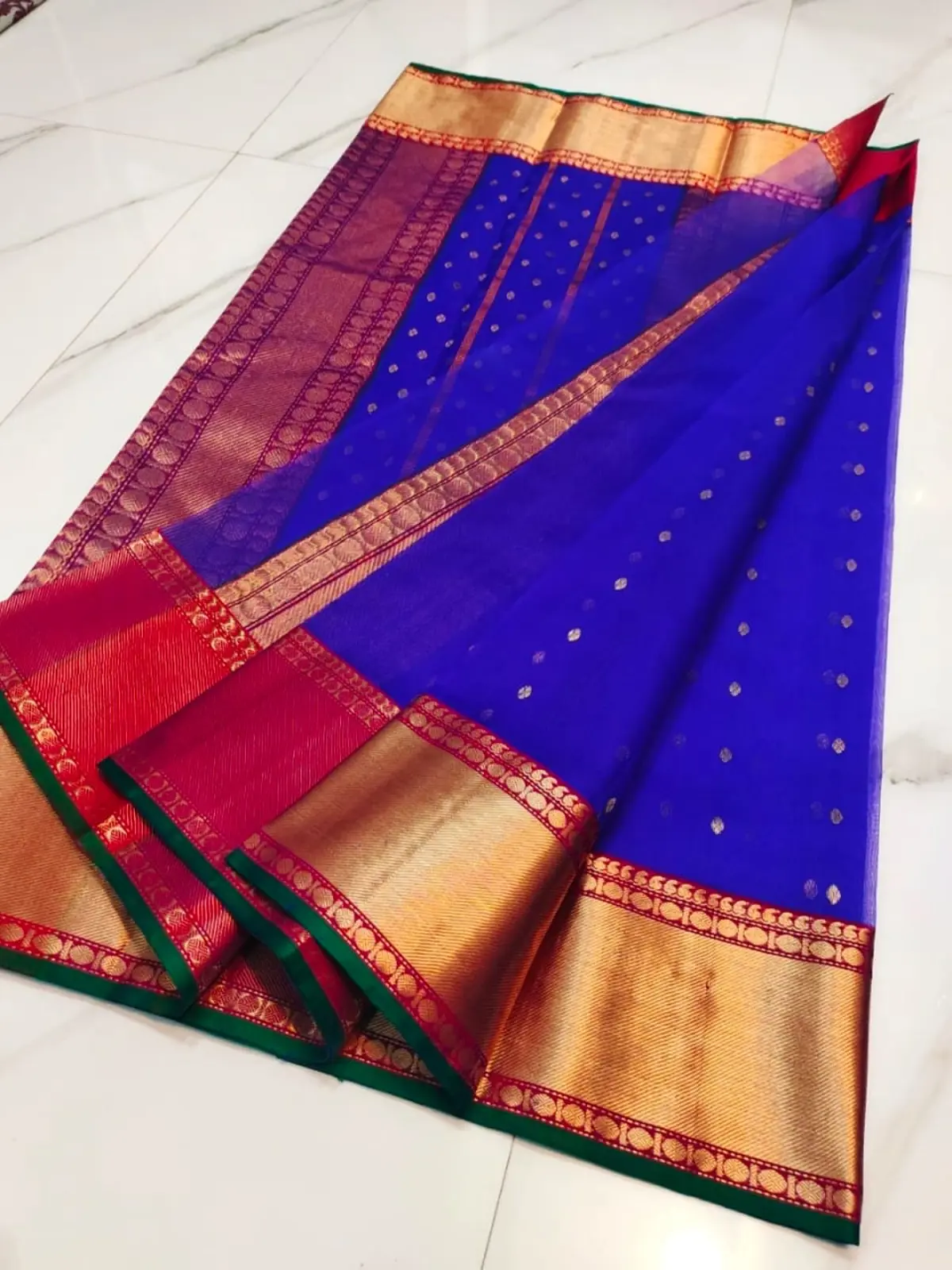 Handwoven Majestic Cobalt with Antique Gold and Rani Pink Accents Majestic Cobalt with Antique Gold Zari Bootis and Rani Pink Border Kataan Silk - Authentic Chanderi Silk Saree Chanderi Saree - View 5
