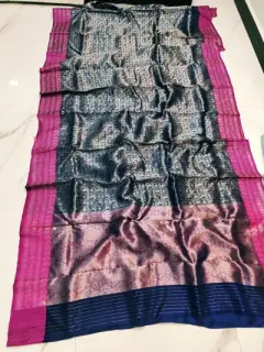 Midnight Blue with Magenta Border Brocade Pattu Silk
