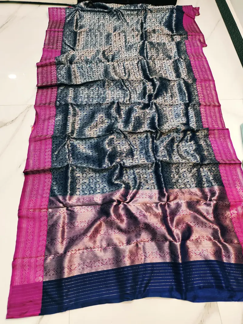 Midnight Blue with Magenta Border Brocade Pattu Silk