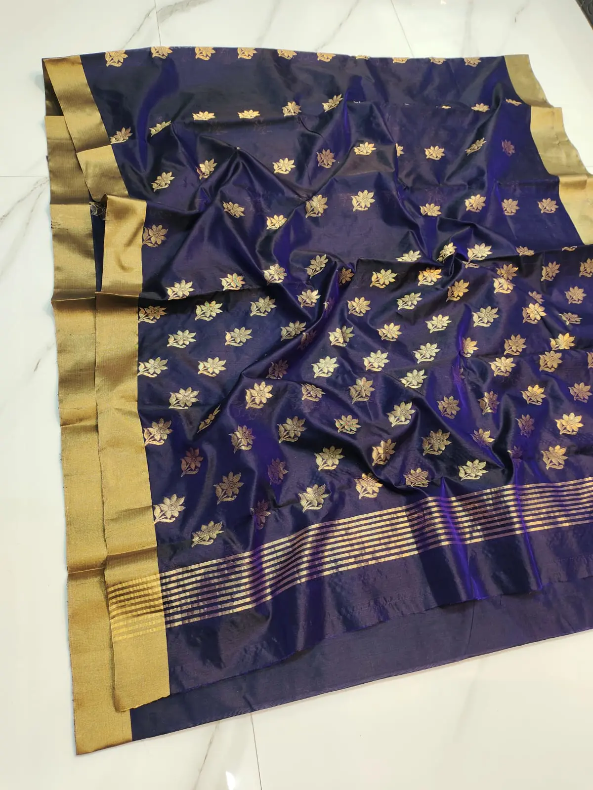 Midnight Indigo and Gilded Gold Kataan Silk Saree - Handloom Chanderi Saree