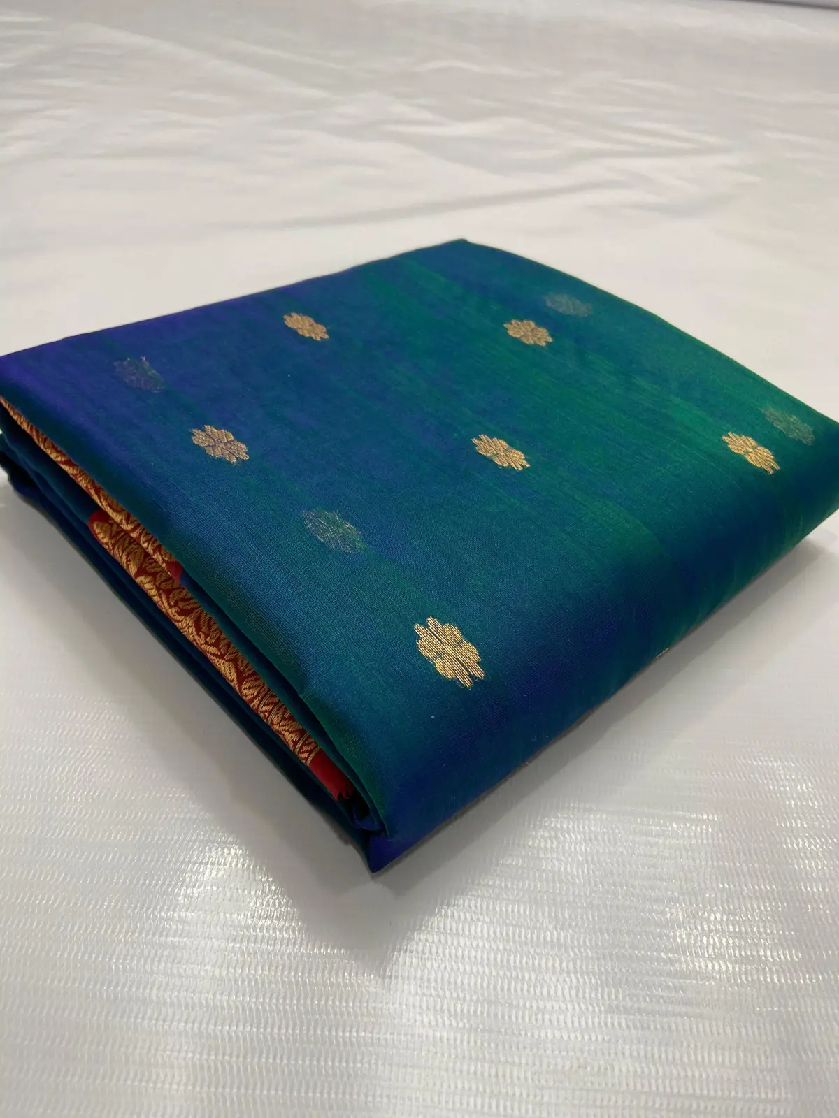 Mystic Teal and Verdant Green with Glimmering Gold Buttis Kataan Silk - Handloom Chanderi Saree