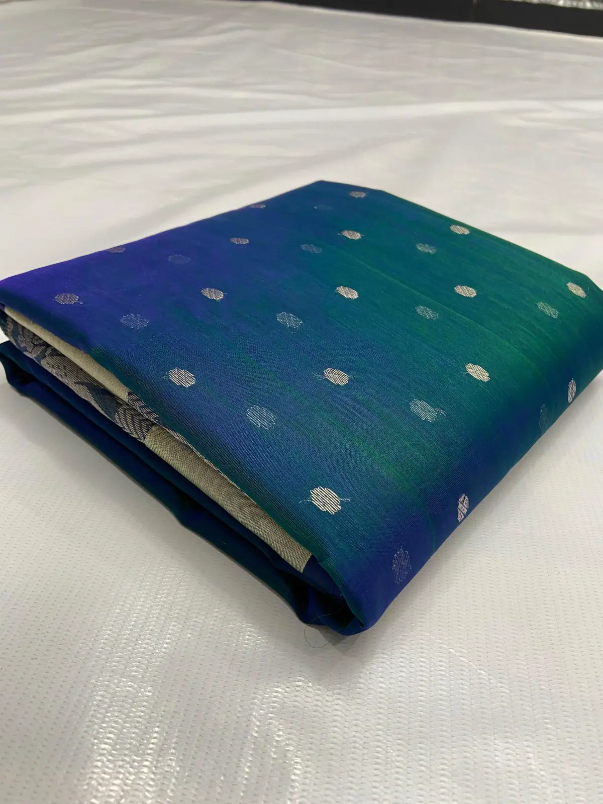 Oceanic Teal with Sterling Silver Booti Kataan Silk - Handloom Chanderi Saree