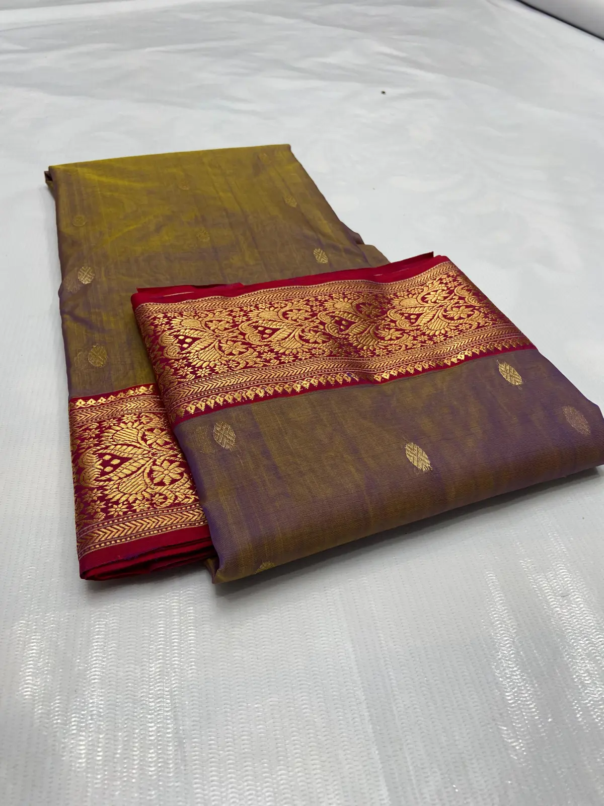 Handwoven Olive & Crimson Olive and Crimson with Intricate Gold Zari Kataan Silk - Authentic Chanderi Silk Saree Chanderi Saree