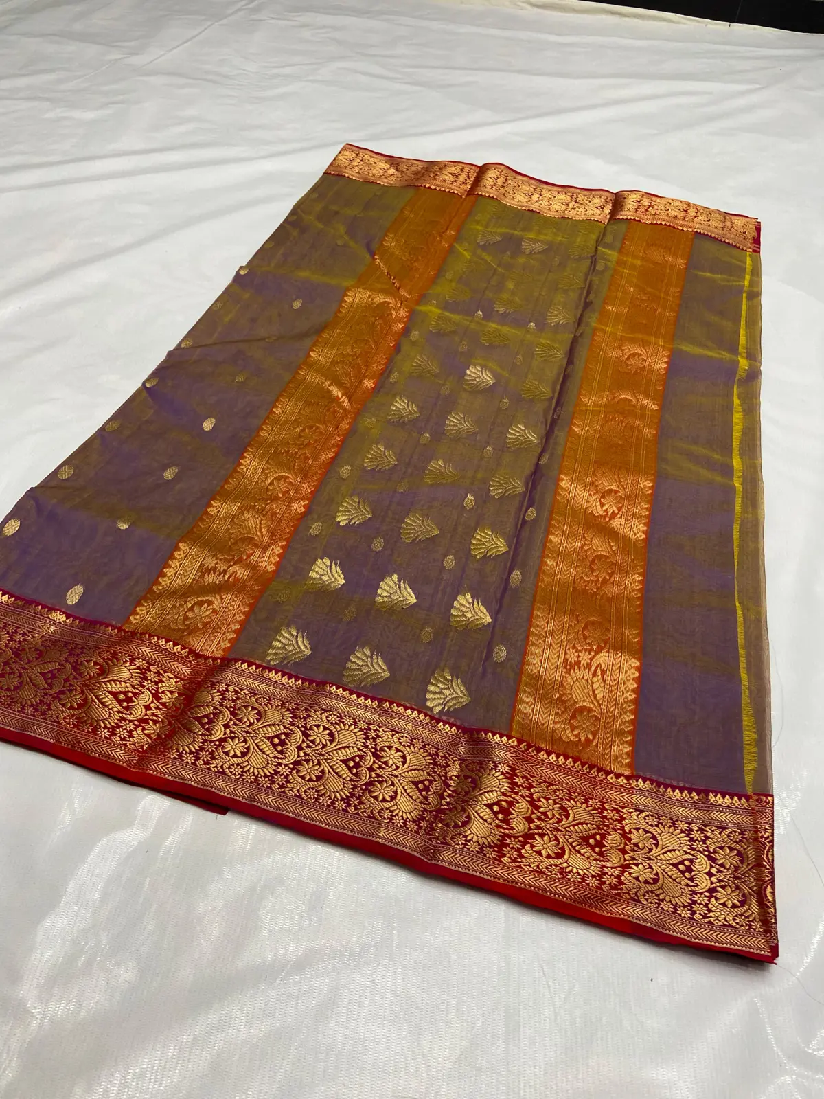 Handwoven Olive & Crimson Olive and Crimson with Intricate Gold Zari Kataan Silk - Authentic Chanderi Silk Saree Chanderi Saree - View 2