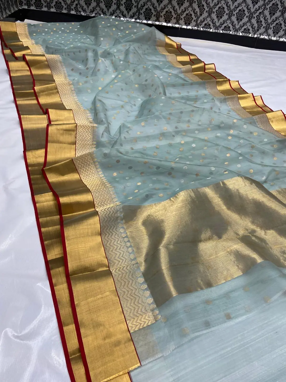 Handwoven Pale Seafoam Blue Pale Seafoam Blue Kataan Silk Saree - Authentic Chanderi Silk Saree Chanderi Saree - View 1