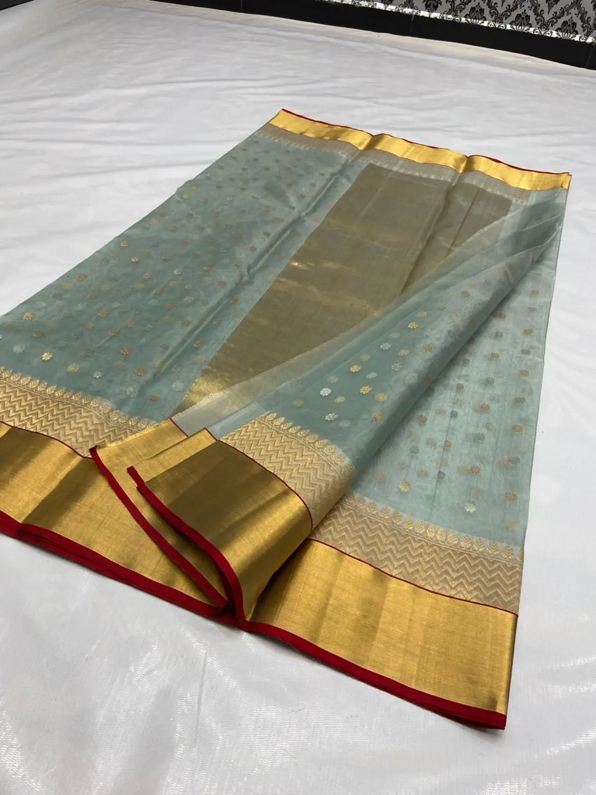 Handwoven Pale Seafoam Blue Pale Seafoam Blue Kataan Silk Saree - Authentic Chanderi Silk Saree Chanderi Saree - View 3