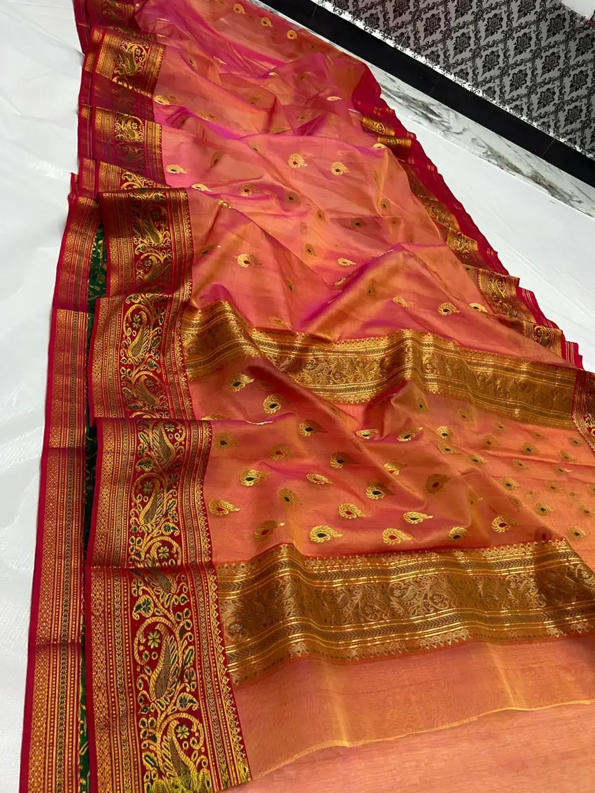 Handwoven Copper Peach Bloom with Regal Maroon Antique Gold Paisley Zari Kataan Silk - Authentic Chanderi Silk Saree Chanderi Saree - View 1