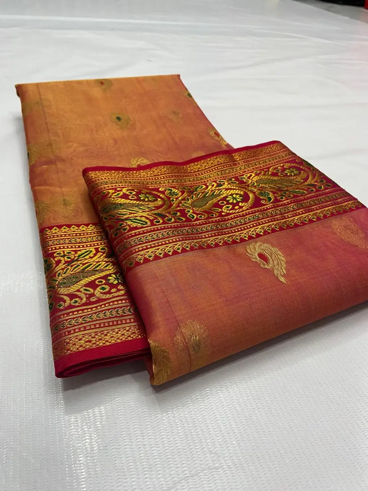 Handwoven Copper Peach Bloom with Regal Maroon Antique Gold Paisley Zari Kataan Silk - Authentic Chanderi Silk Saree Chanderi Saree - View 3