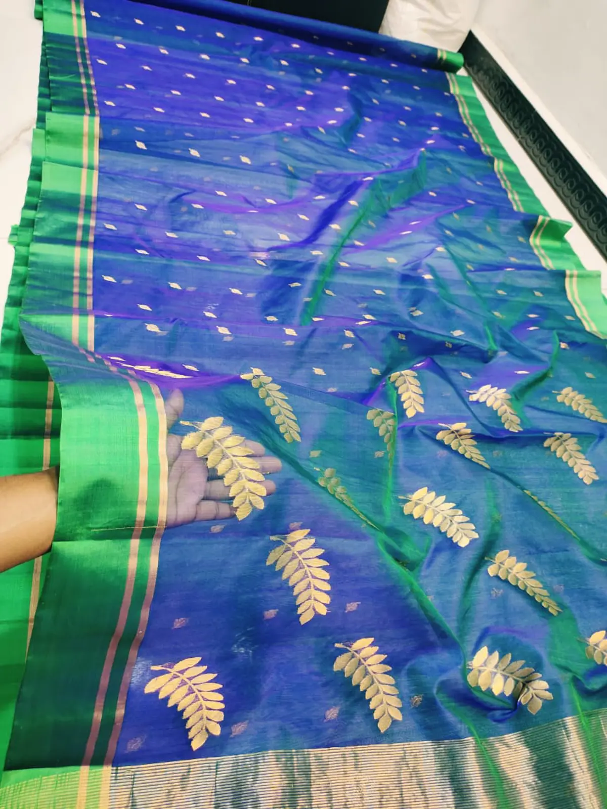 Peacock Blue with Golden Leaf and Butti Zari Kataan Silk - Handloom Chanderi Saree