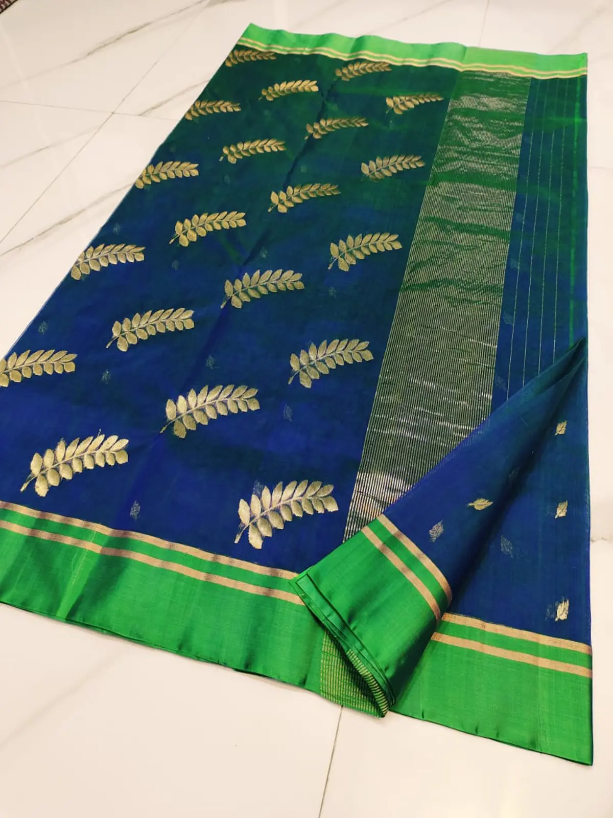 Handwoven Peacock Blue Peacock Blue with Golden Leaf and Butti Zari Kataan Silk - Authentic Chanderi Silk Saree Chanderi Saree - View 4