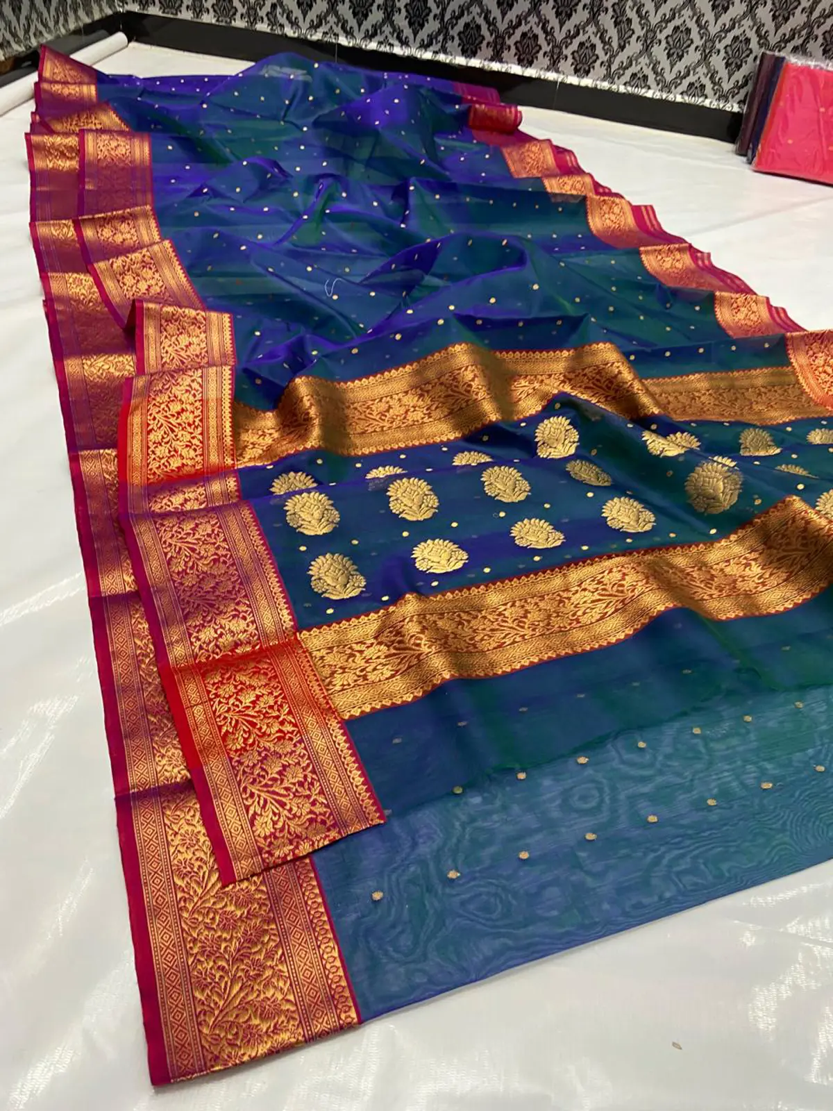 Handwoven Peacock Sapphire & Crimson Garnet with Antique Gold Zari Peacock Sapphire & Crimson Garnet with Antique Gold Zari Kataan Silk Saree - Authentic Chanderi Silk Saree Chanderi Saree - View 1