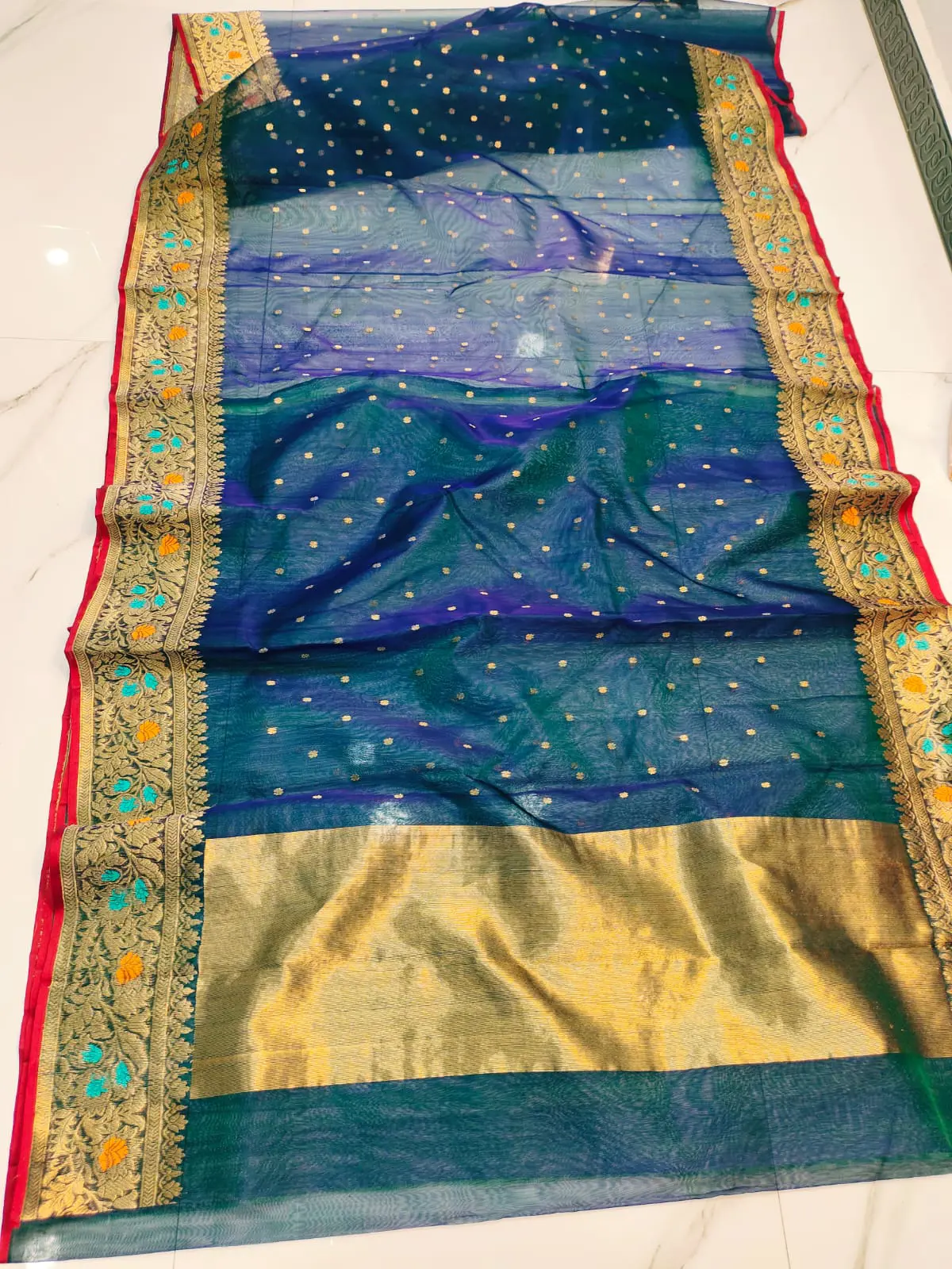 Handwoven Peacock Sapphire with Gilded Zari, Aqua & Marigold Meenakari, and Ruby Accents Peacock Sapphire with Gilded Zari, Aqua & Marigold Meenakari, and Ruby Accents Kataan Silk Saree - Authentic Chanderi Silk Saree Chanderi Saree