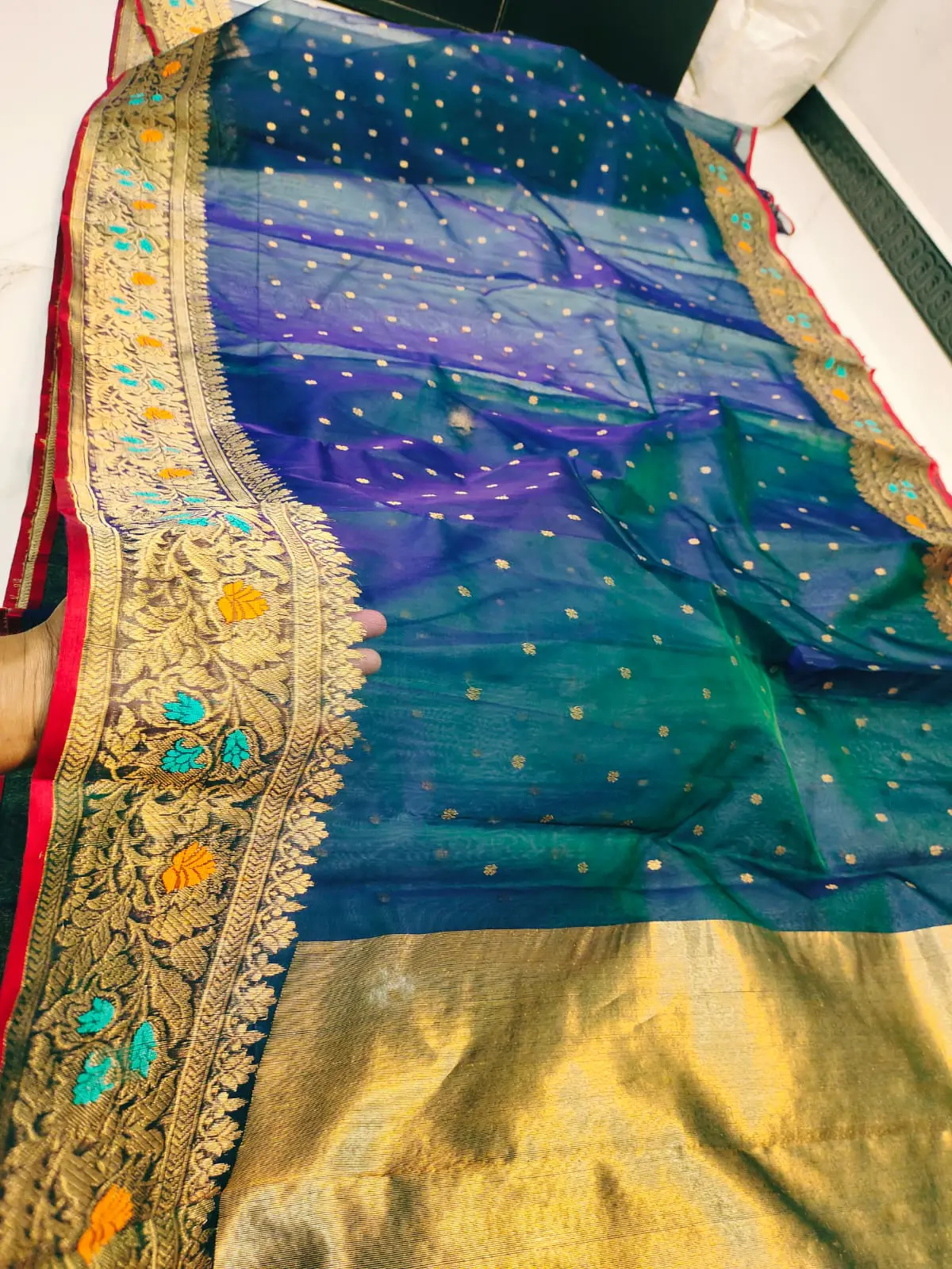 Handwoven Peacock Sapphire with Gilded Zari, Aqua & Marigold Meenakari, and Ruby Accents Peacock Sapphire with Gilded Zari, Aqua & Marigold Meenakari, and Ruby Accents Kataan Silk Saree - Authentic Chanderi Silk Saree Chanderi Saree - View 2