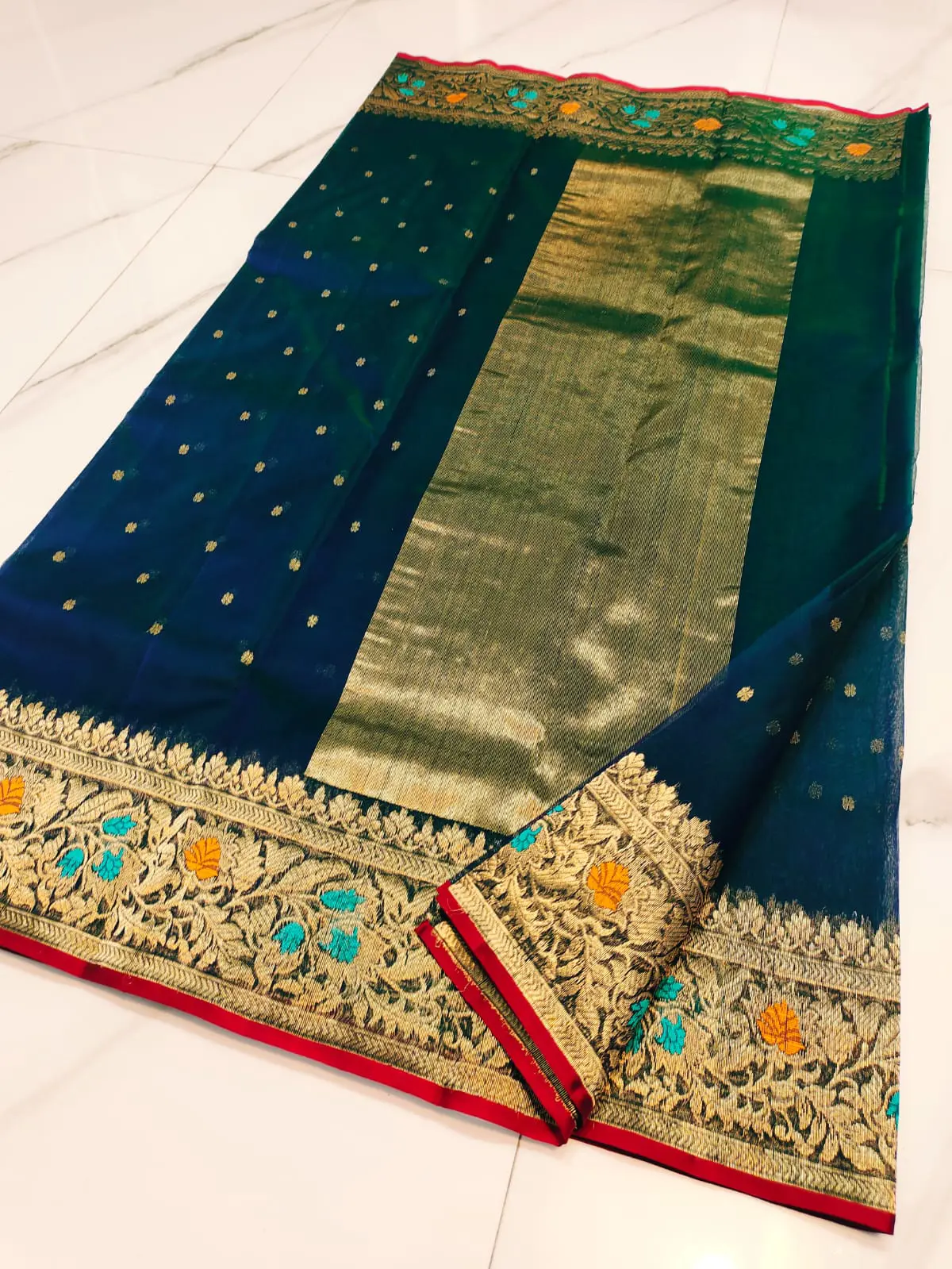 Handwoven Peacock Sapphire with Gilded Zari, Aqua & Marigold Meenakari, and Ruby Accents Peacock Sapphire with Gilded Zari, Aqua & Marigold Meenakari, and Ruby Accents Kataan Silk Saree - Authentic Chanderi Silk Saree Chanderi Saree - View 3