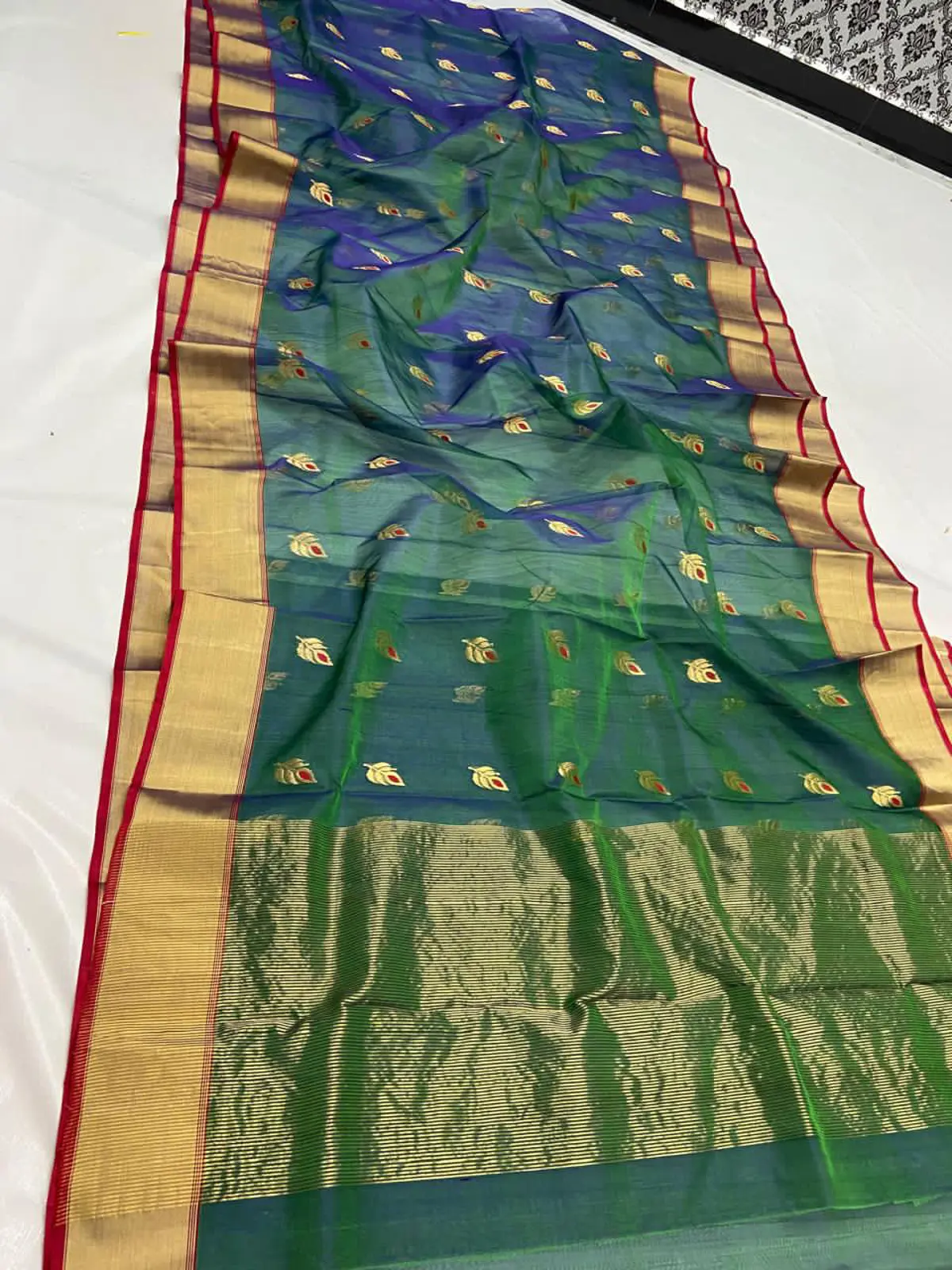Handwoven Peacock Teal & Antique Gold with Crimson accents Peacock Teal & Antique Gold with Crimson accents Kataan Silk Saree - Authentic Chanderi Silk Saree Chanderi Saree