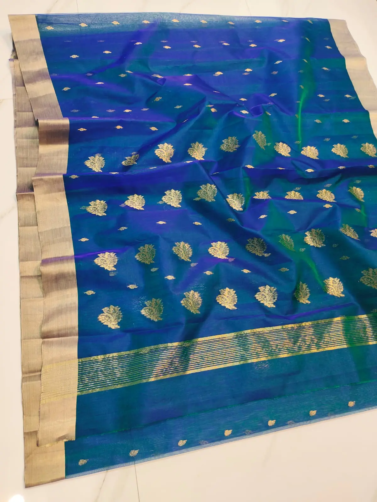 Peacock Teal with Antique Gold Accents Kataan Silk Saree - Handloom Chanderi Saree