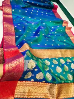 Peacock Teal with Antique Gold Booti Kataan Silk