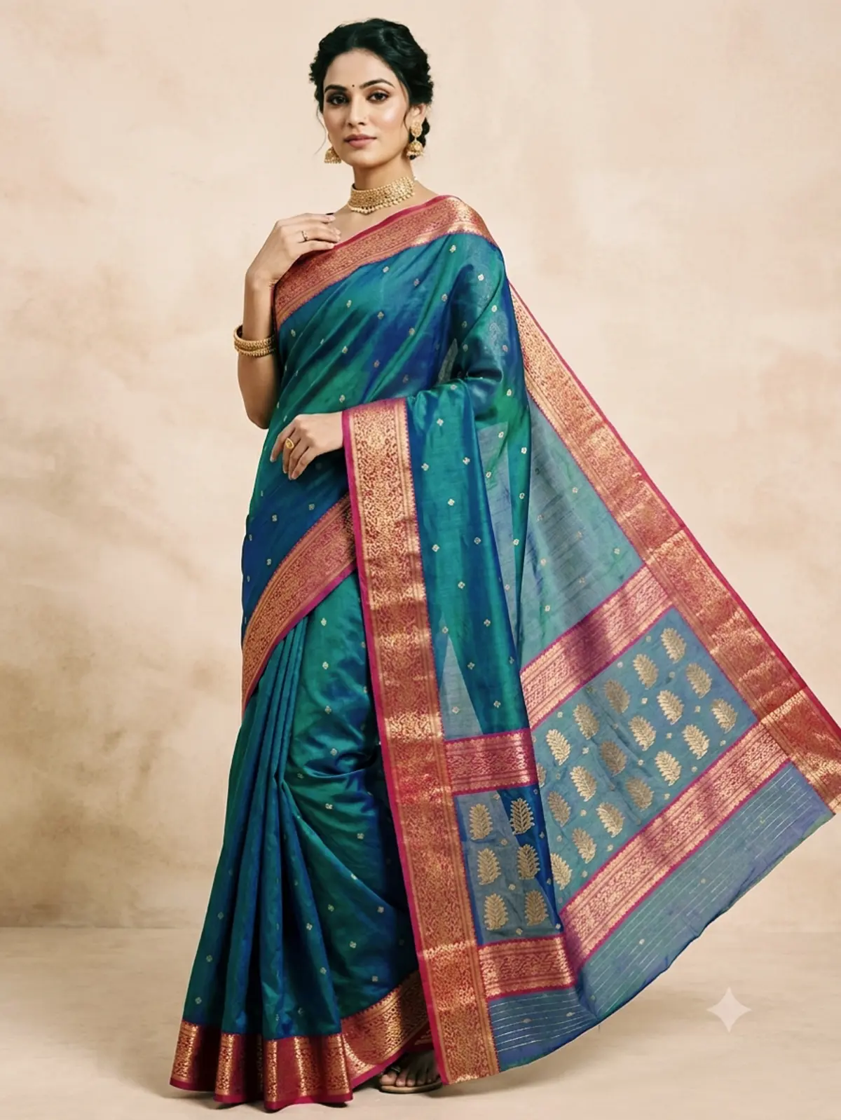 Peacock Teal with Rose Pink and Gold Zari Border Chanderi Silk - Handloom Chanderi Saree