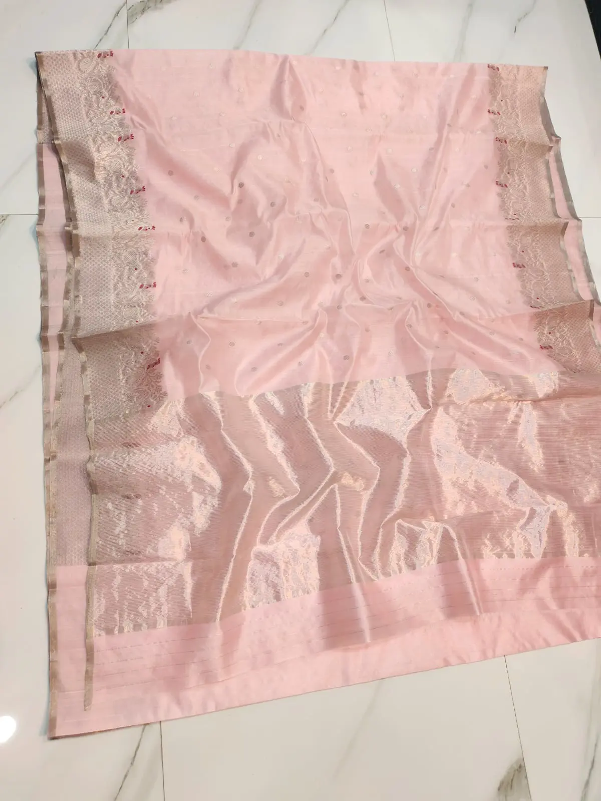 Handwoven Petal Pink & Antique Silver Petal Pink & Antique Silver Pattu Silk Saree - Authentic Chanderi Silk Saree Chanderi Saree - View 1