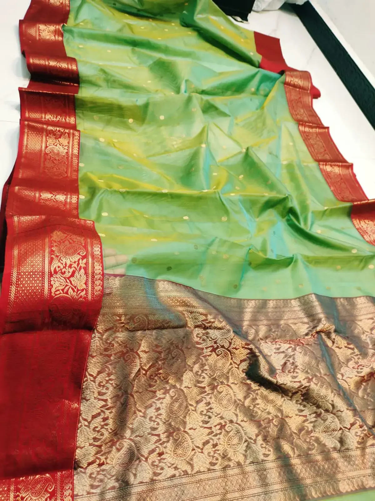 Handwoven Pistachio Dew & Crimson Gold Pistachio Dew and Crimson Gold Pistachio Dew with Opulent Crimson Zari Pallu Chanderi Silk - Authentic Chanderi Silk Saree Chanderi Saree
