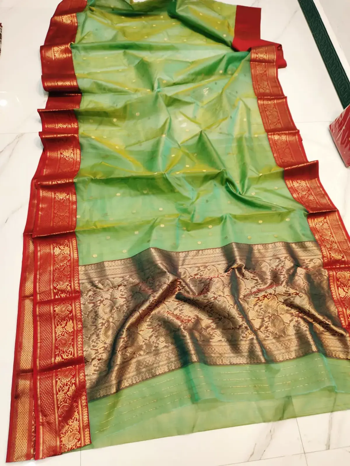Handwoven Pistachio Dew & Crimson Gold Pistachio Dew and Crimson Gold Pistachio Dew with Opulent Crimson Zari Pallu Chanderi Silk - Authentic Chanderi Silk Saree Chanderi Saree - View 2