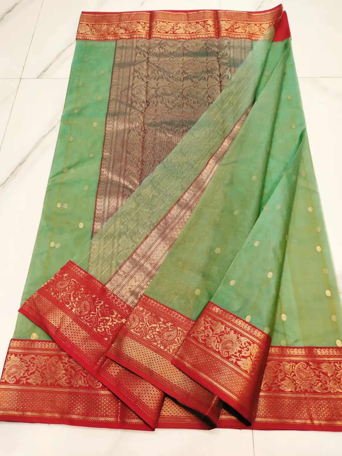 Handwoven Pistachio Dew & Crimson Gold Pistachio Dew and Crimson Gold Pistachio Dew with Opulent Crimson Zari Pallu Chanderi Silk - Authentic Chanderi Silk Saree Chanderi Saree - View 3