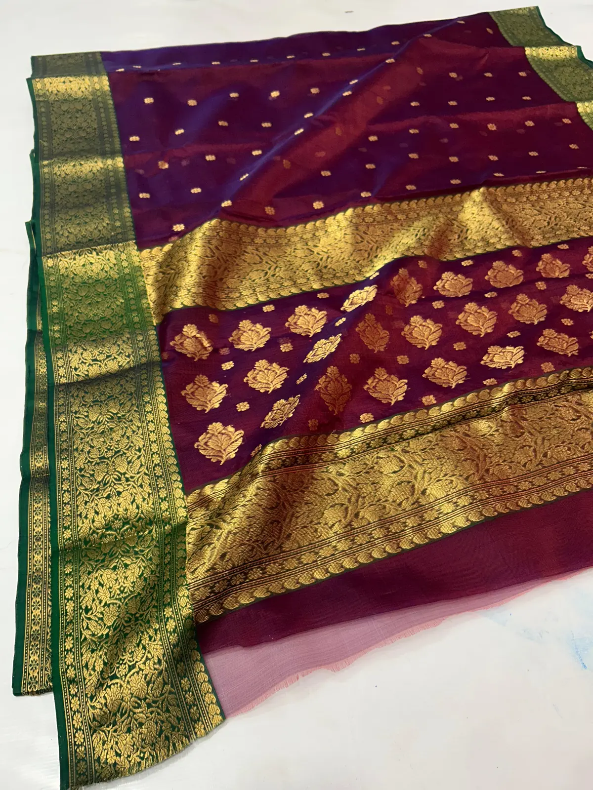 Handwoven Plum Purple with Emerald Green Plum Purple with Emerald Green Kataan Silk Saree - Authentic Chanderi Silk Saree Chanderi Saree - View 1