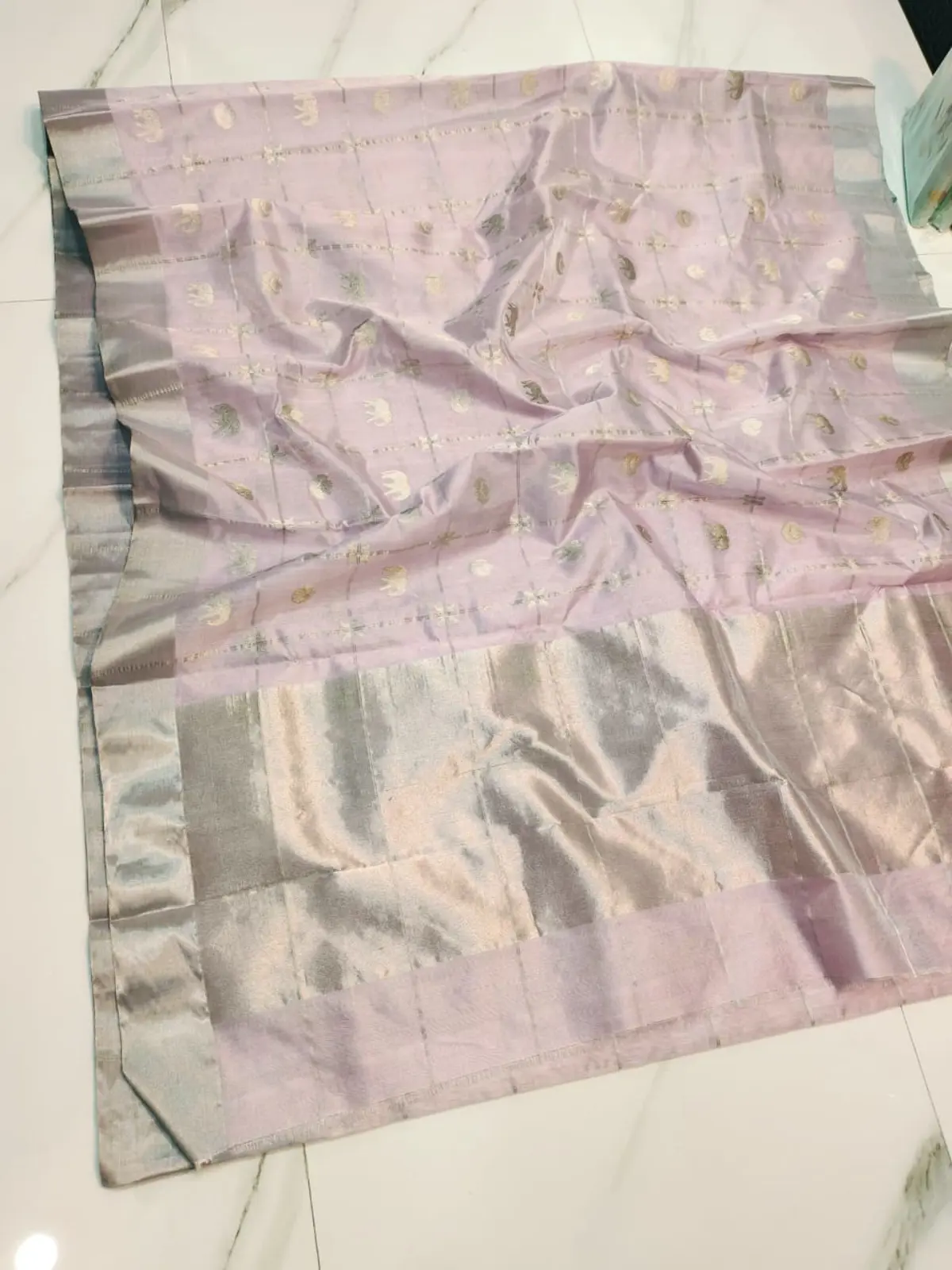 Handwoven Powder Pink & Silver Powder Pink with Elephant Motifs Zari Pattu Silk - Authentic Chanderi Silk Saree Chanderi Saree - View 3