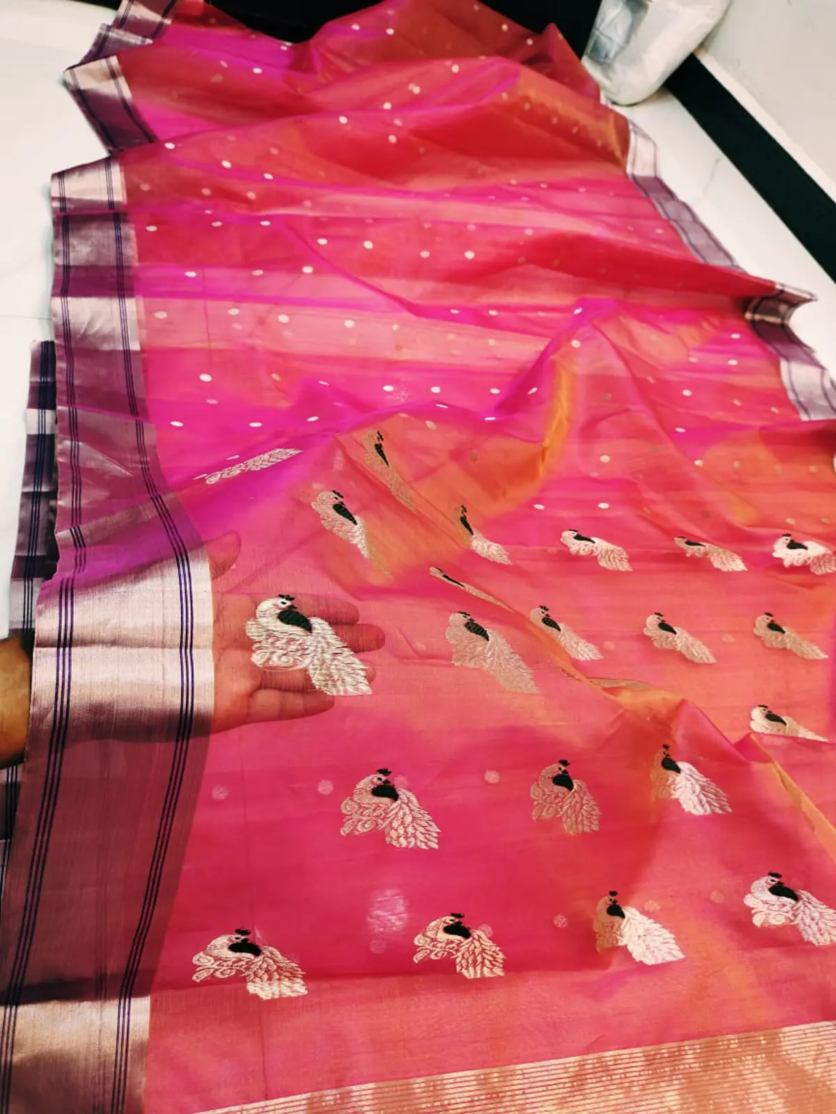 Radiant Fuchsia with Silver Peacock Motifs Kataan Silk