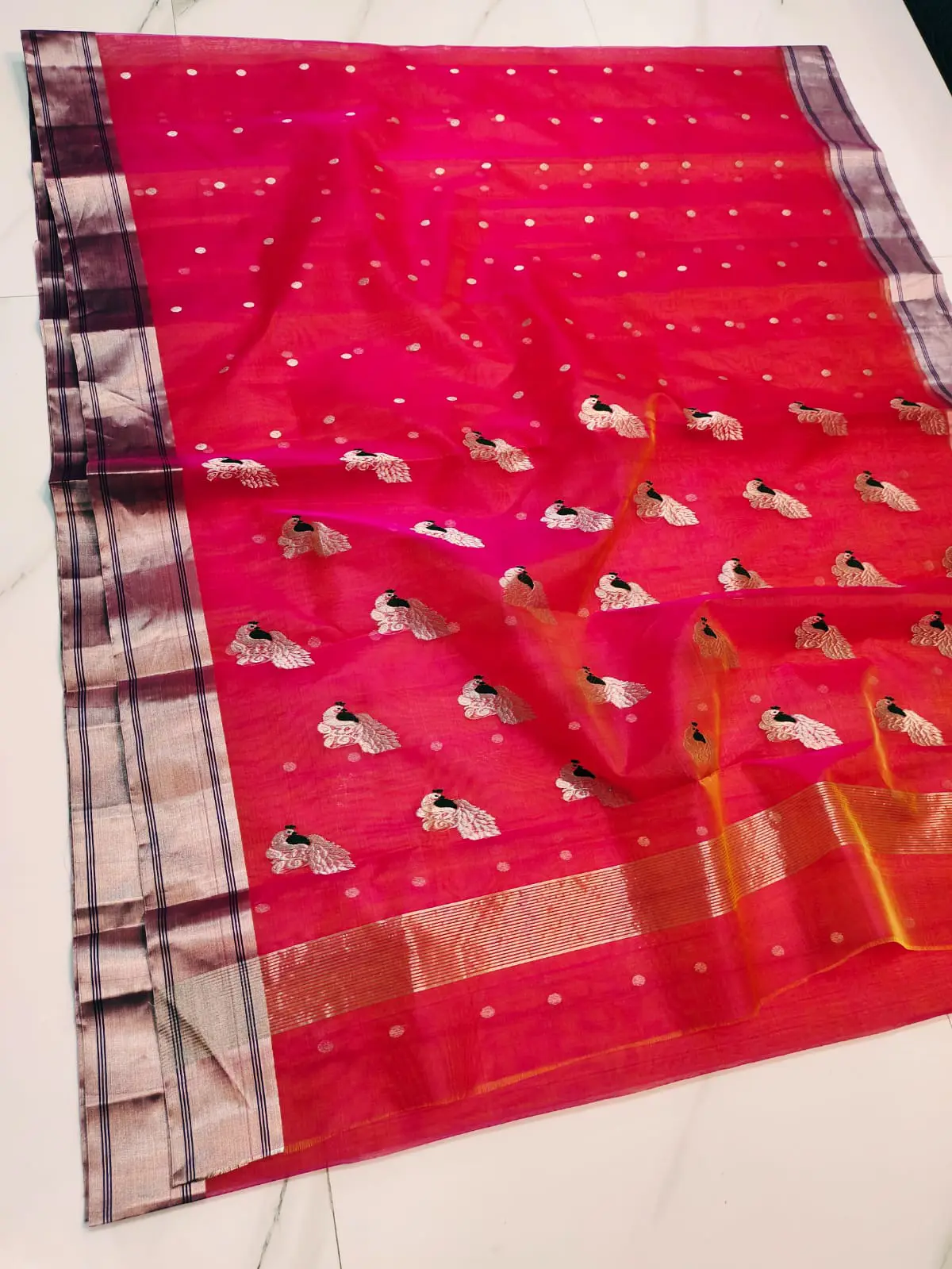 Handwoven Fuchsia & Silver Radiant Fuchsia with Silver Peacock Motifs Kataan Silk - Authentic Chanderi Silk Saree Chanderi Saree - View 3