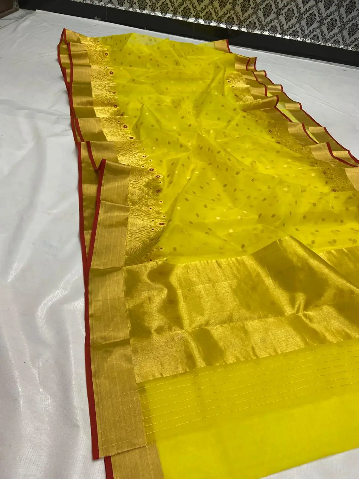 Handwoven Radiant Marigold & Antique Gold with Crimson Accents Radiant Marigold with Antique Gold Zari Buttis Chanderi Saree - Authentic Chanderi Silk Saree Chanderi Saree