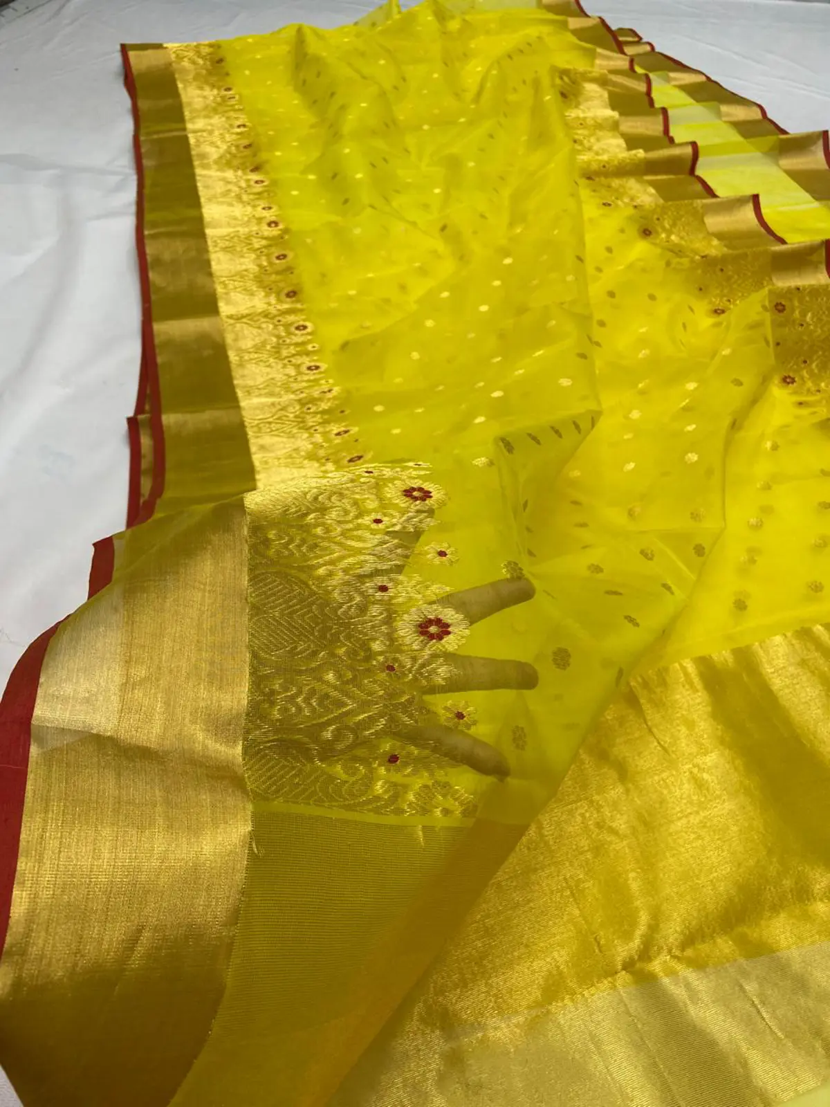 Handwoven Radiant Marigold & Antique Gold with Crimson Accents Radiant Marigold with Antique Gold Zari Buttis Chanderi Saree - Authentic Chanderi Silk Saree Chanderi Saree - View 2