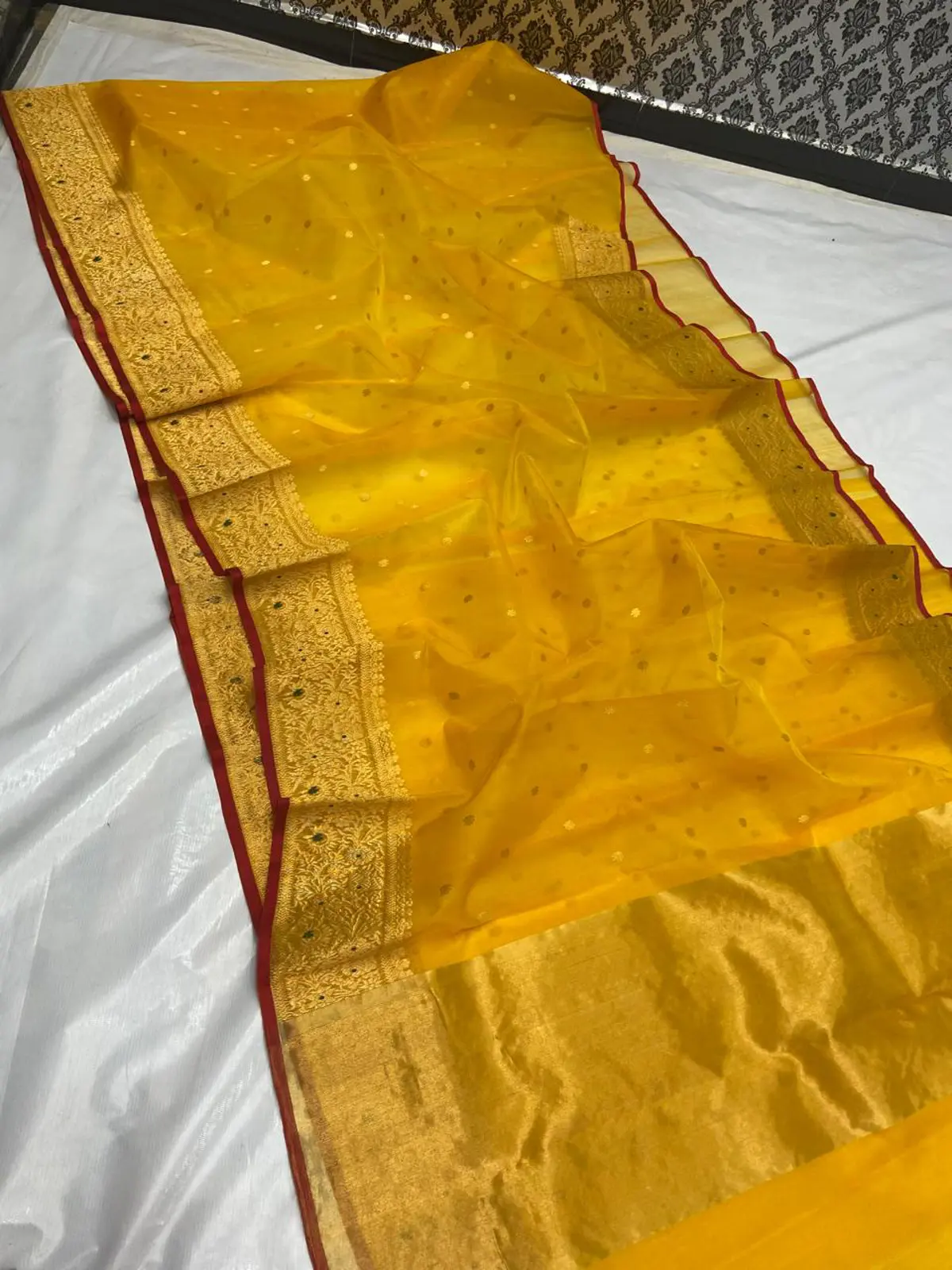 Handwoven Radiant Saffron with Antique Gold & Ruby Accents Radiant Saffron with Antique Gold & Ruby Accents Kataan Silk Saree - Authentic Chanderi Silk Saree Chanderi Saree