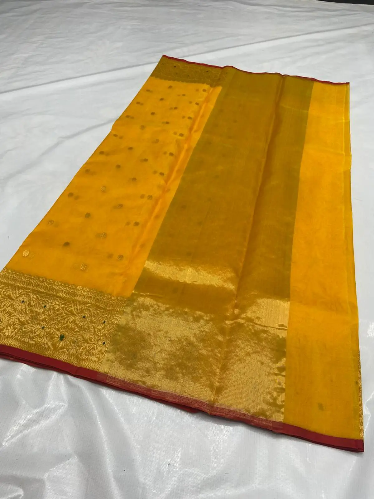 Handwoven Radiant Saffron with Antique Gold & Ruby Accents Radiant Saffron with Antique Gold & Ruby Accents Kataan Silk Saree - Authentic Chanderi Silk Saree Chanderi Saree - View 2