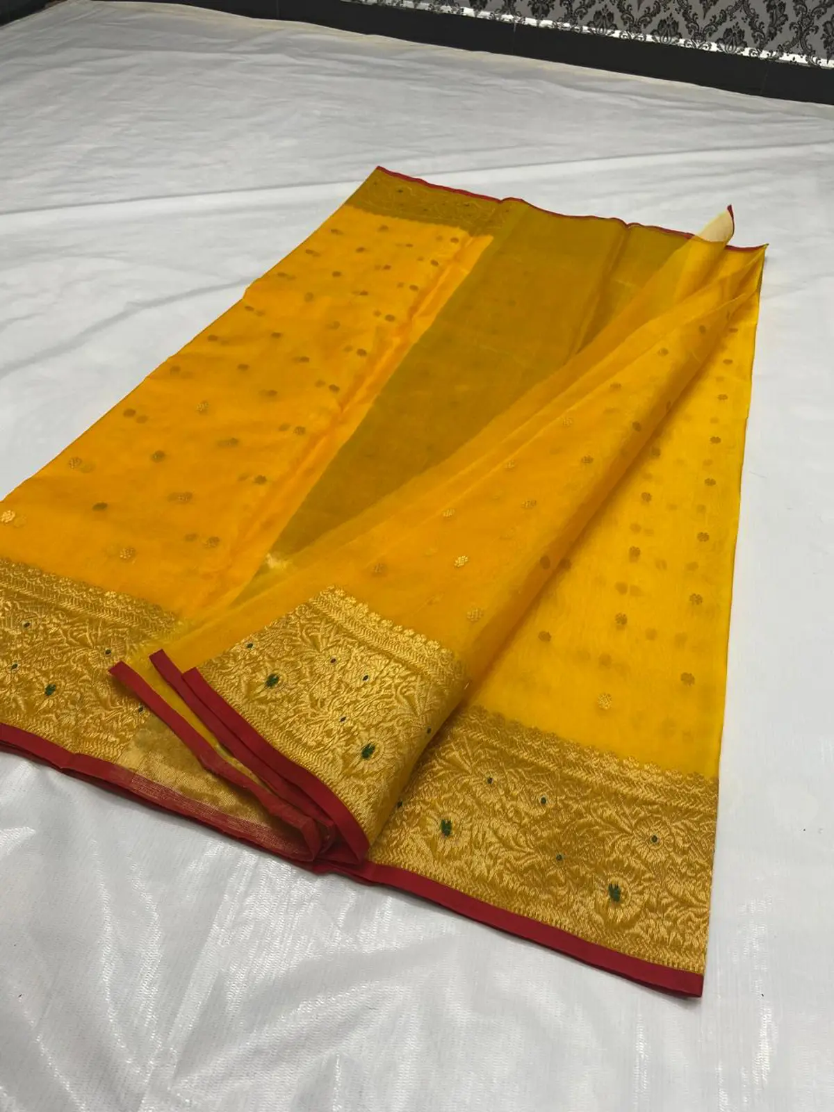 Handwoven Radiant Saffron with Antique Gold & Ruby Accents Radiant Saffron with Antique Gold & Ruby Accents Kataan Silk Saree - Authentic Chanderi Silk Saree Chanderi Saree - View 3