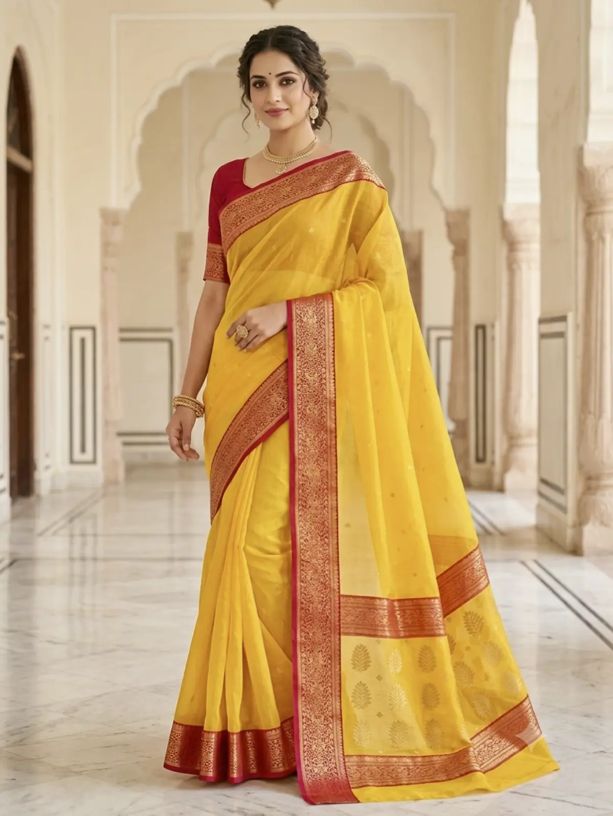 Radiant Saffron with Crimson Zari Kataan Silk - Handloom Chanderi Saree