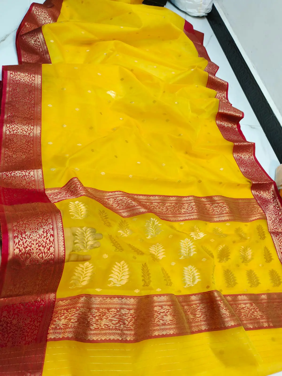 Handwoven Saffron & Crimson Radiant Saffron with Crimson Zari Kataan Silk - Authentic Chanderi Silk Saree Chanderi Saree - View 2