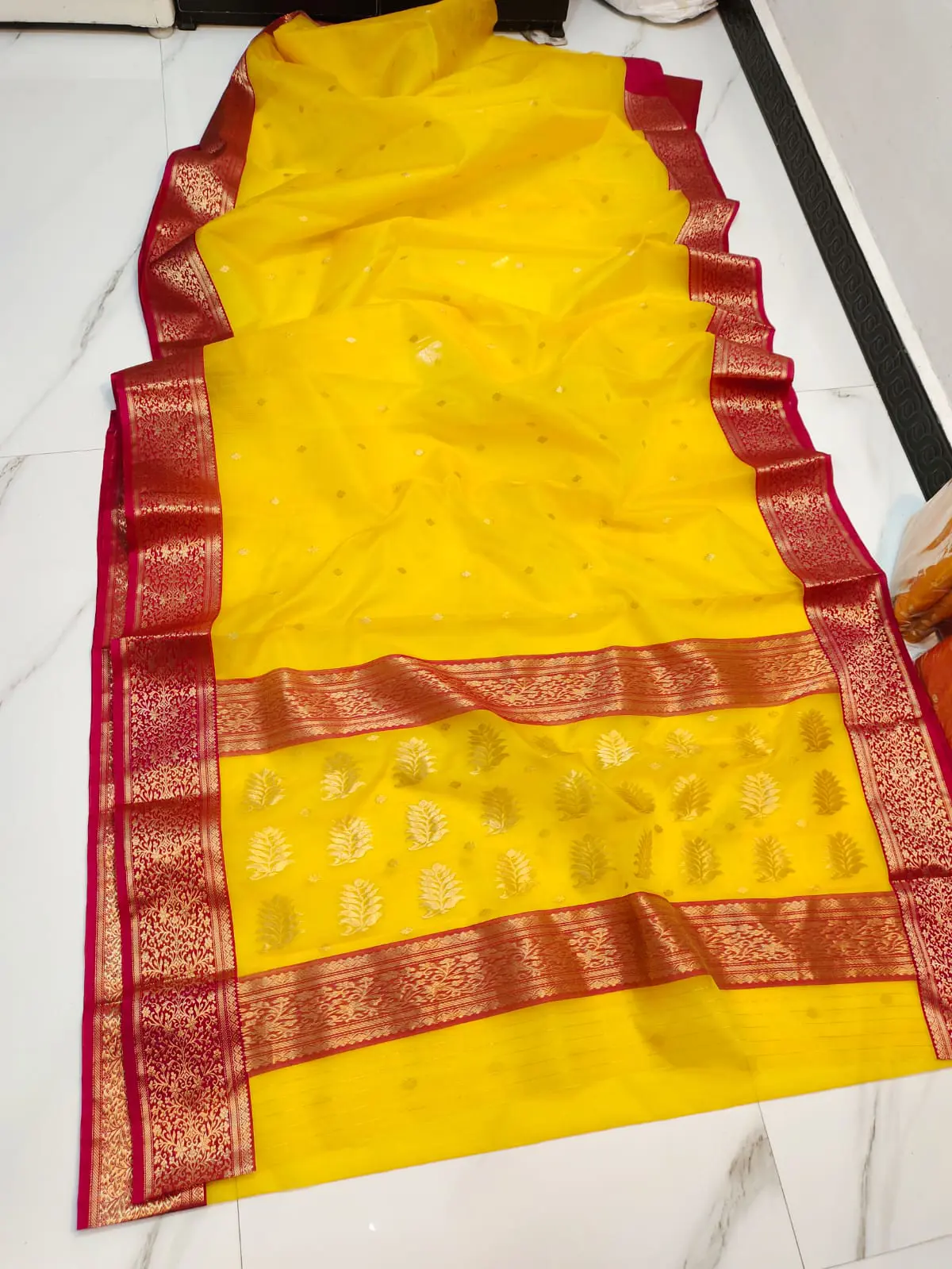 Handwoven Saffron & Crimson Radiant Saffron with Crimson Zari Kataan Silk - Authentic Chanderi Silk Saree Chanderi Saree - View 3