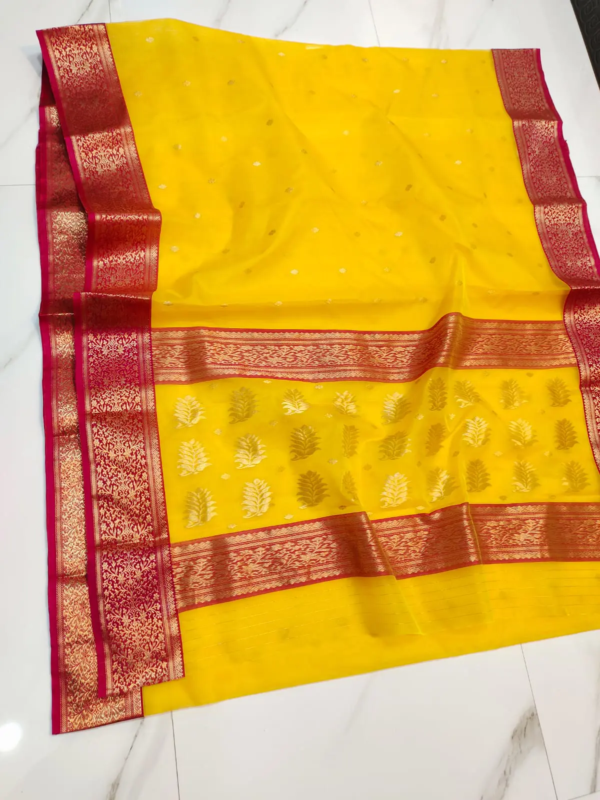 Handwoven Saffron & Crimson Radiant Saffron with Crimson Zari Kataan Silk - Authentic Chanderi Silk Saree Chanderi Saree - View 4