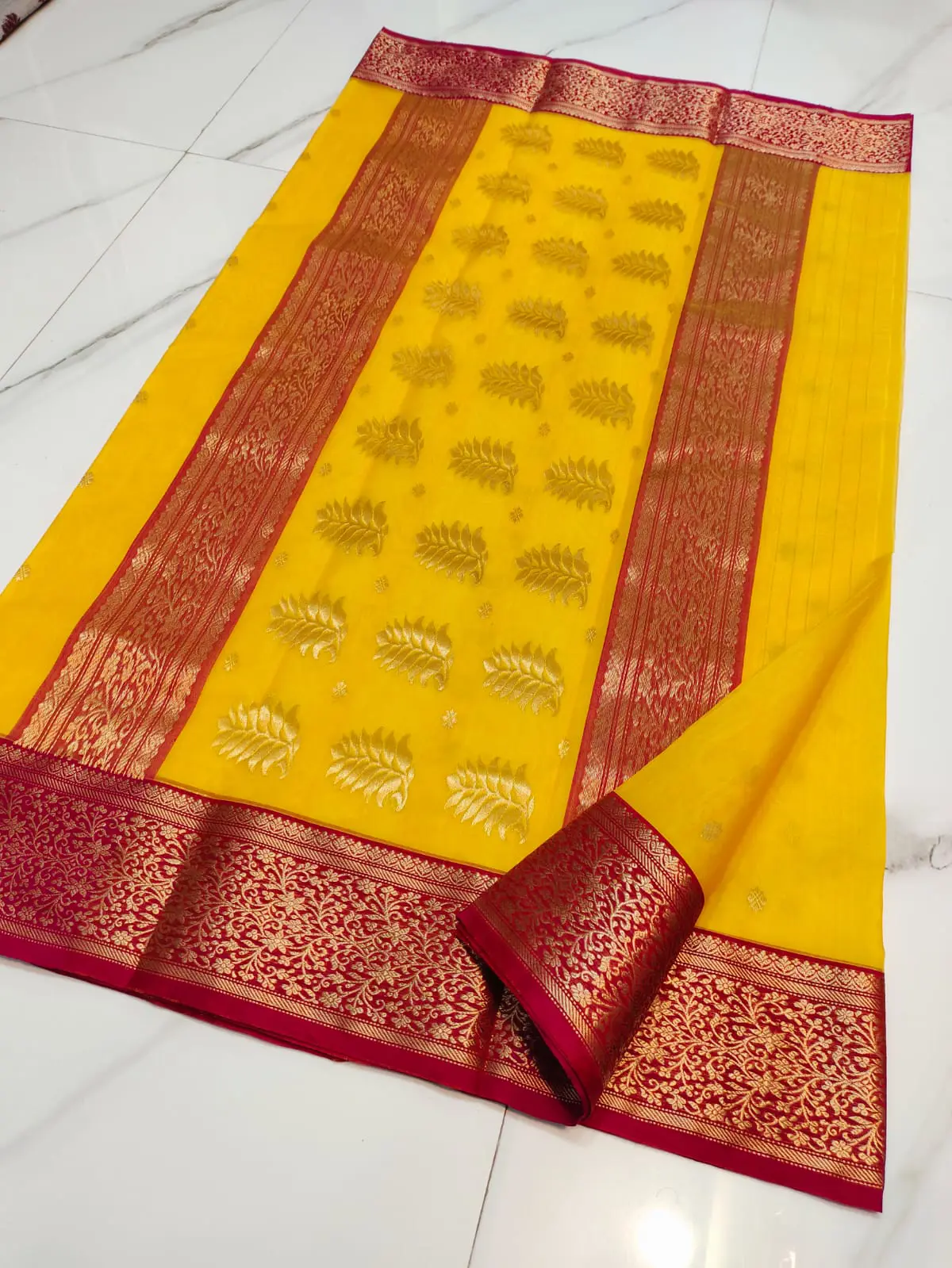 Handwoven Saffron & Crimson Radiant Saffron with Crimson Zari Kataan Silk - Authentic Chanderi Silk Saree Chanderi Saree - View 5