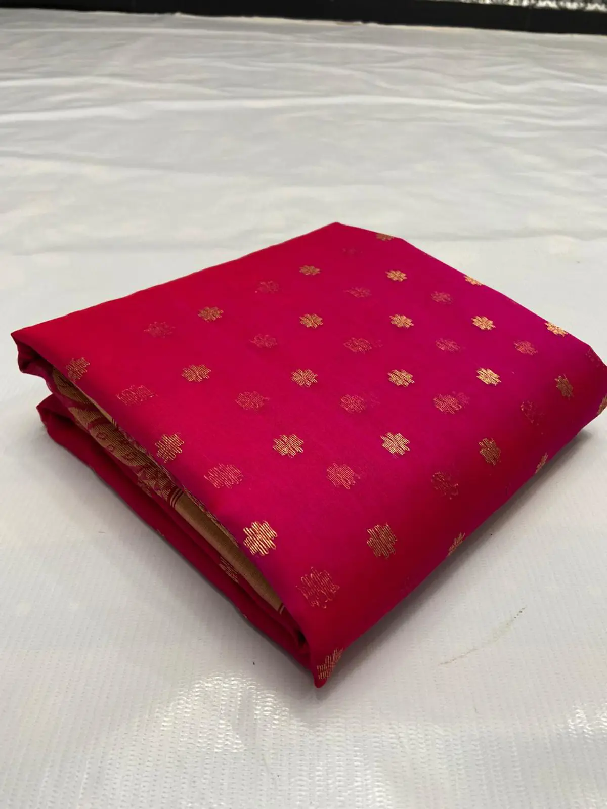 Handwoven Rani Pink Rani Pink with Gilded Zari Booti Kataan Silk - Authentic Chanderi Silk Saree Chanderi Saree - View 1